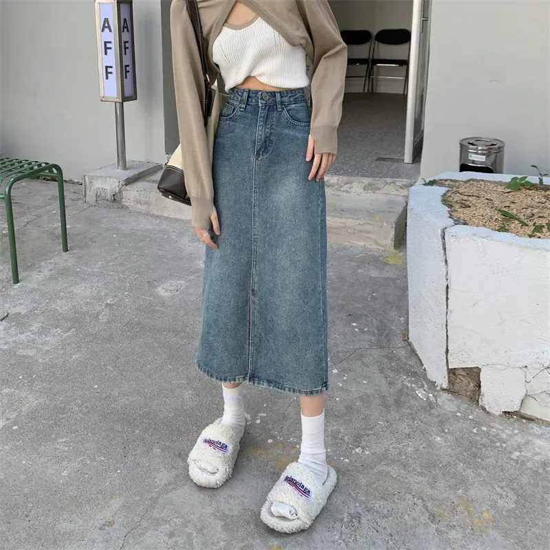 Ying Fashion ☘夏季新款 牛仔半身裙 小個子 設計感 長裙 高腰顯瘦 半身裙 開叉A字裙 包臀長裙