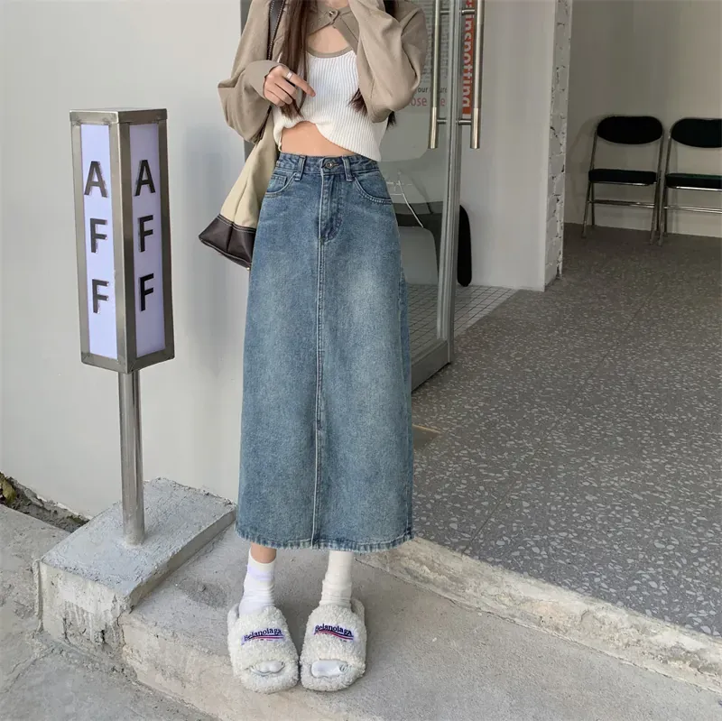 Ying Fashion ☘夏季新款 牛仔半身裙 小個子 設計感 長裙 高腰顯瘦 半身裙 開叉A字裙 包臀長裙