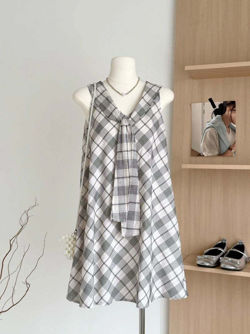 Ying Fashion Shop 復古海軍領 格紋連衣裙 氣質吊帶洋裝 領帶設計感 無袖背洋裝