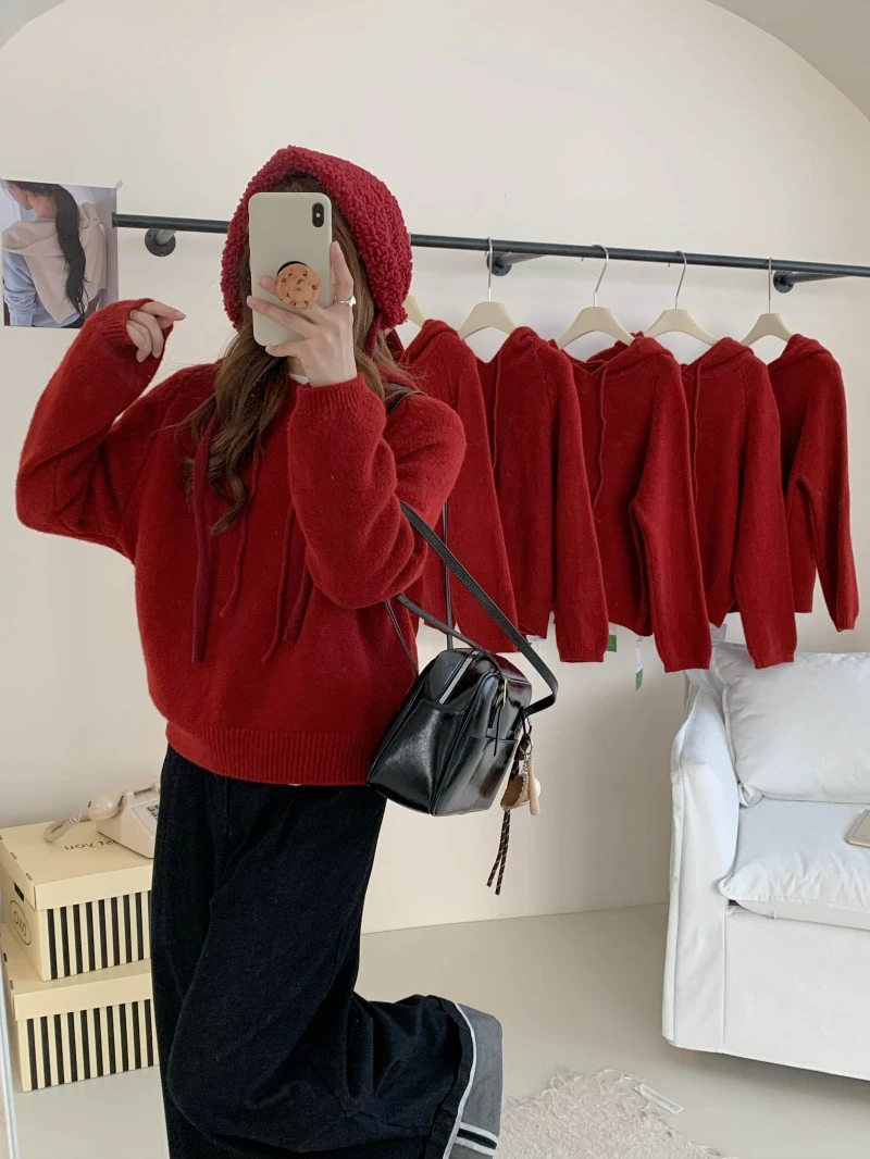 Ying Fashion Shop 高級感 軟糯針織衫 長袖連帽上衣 慵懶風 顯瘦針織帽T 紅色連帽針織上衣
