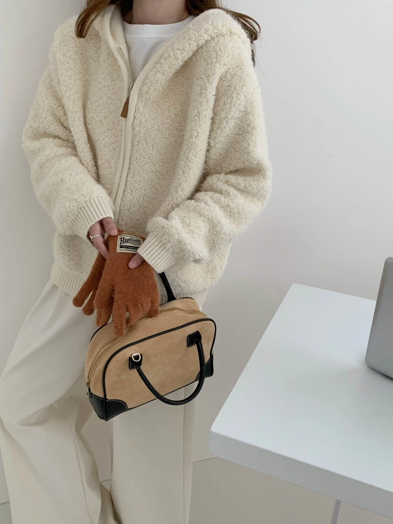Ying Fashion Shop 暖呼呼奶白色 羊羔毛拉鍊外套 寬鬆百搭 針織毛衣 開衫外套 厚實保暖 連帽針織外套