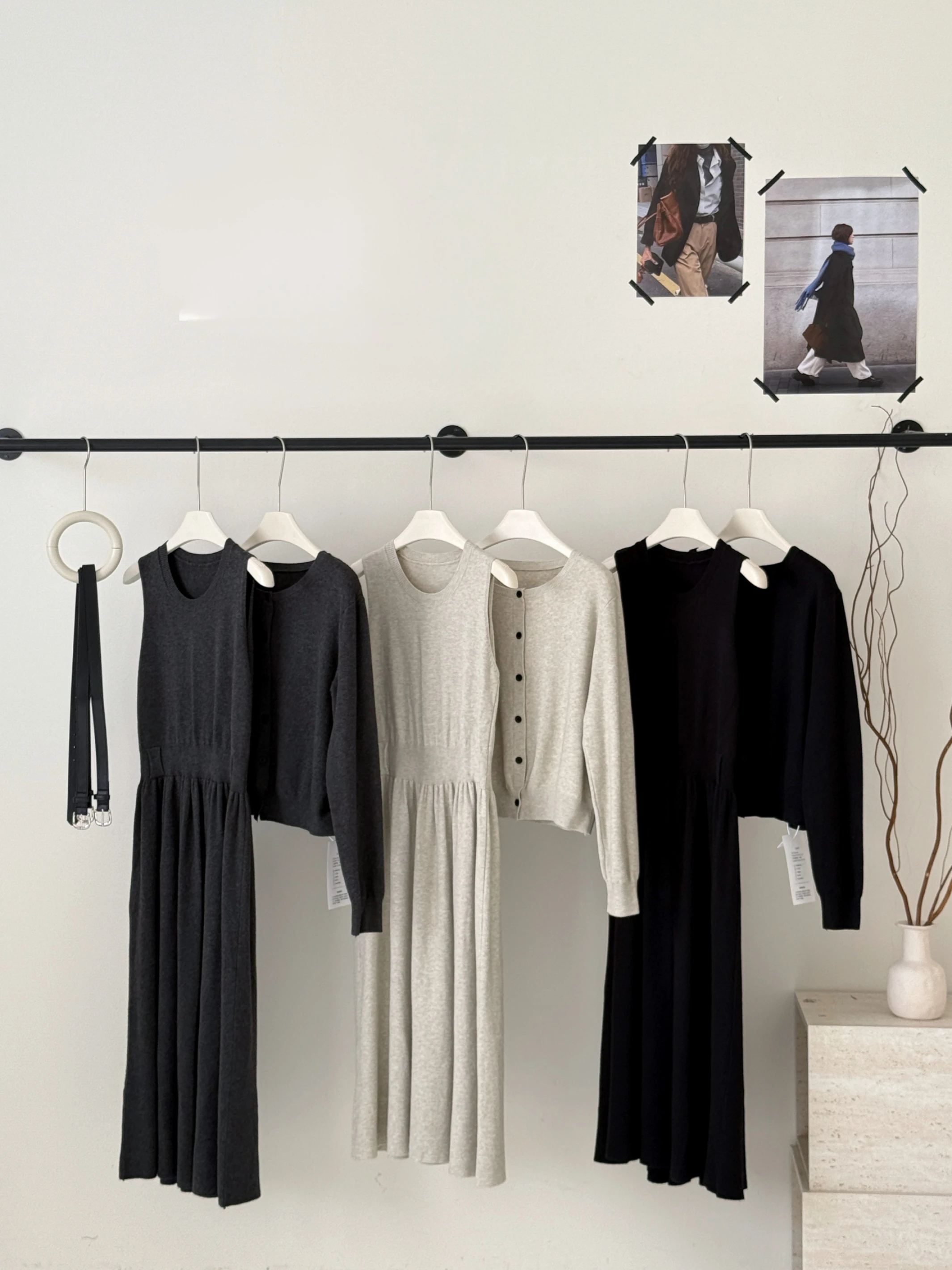 Ying Fashion Shop 慵懶風 百搭圓領針織外套 針織開衫外套 壓褶長款背心 背心連衣裙 兩件式套裝