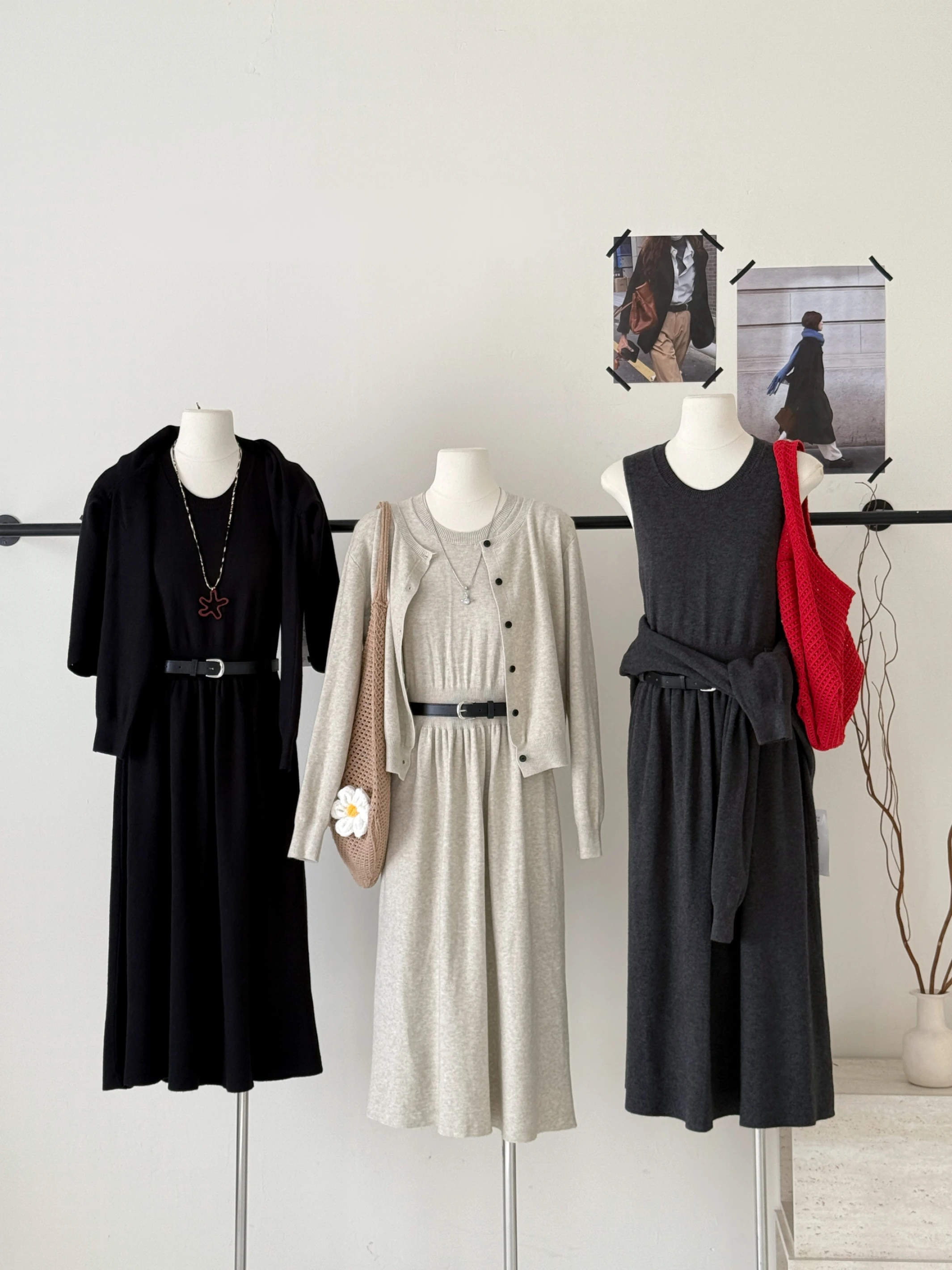 Ying Fashion Shop 慵懶風 百搭圓領針織外套 針織開衫外套 壓褶長款背心 背心連衣裙 兩件式套裝