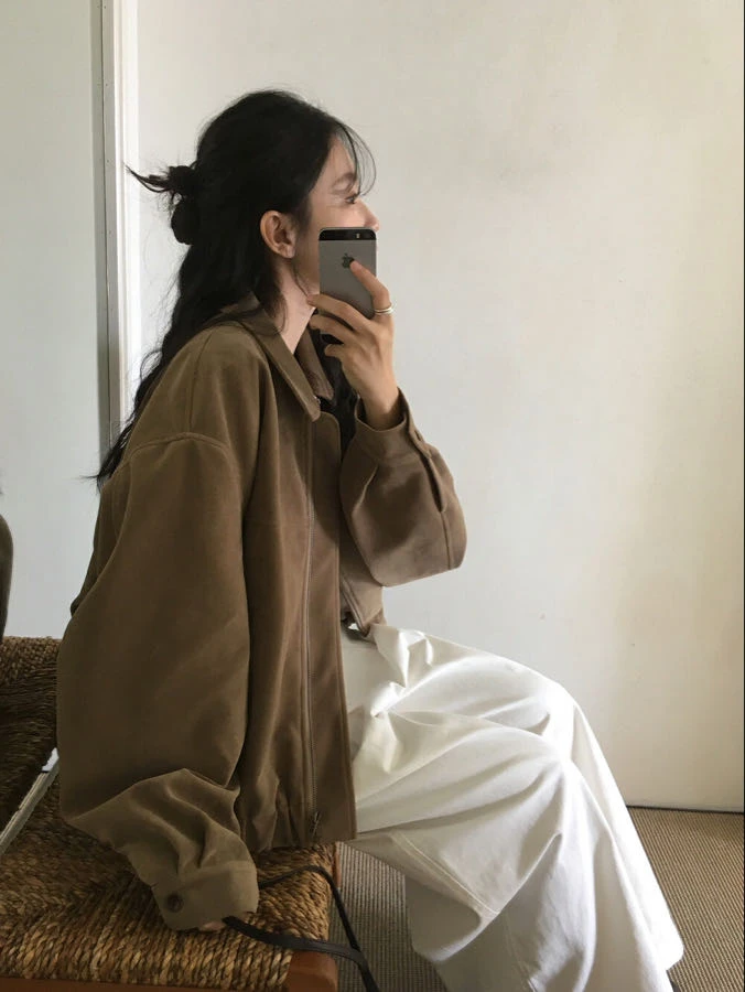 Ying Fashion Shop  熱賣款 復古高級感 鹿皮絨拉鍊外套 寬鬆百搭 舒適親膚 鹿皮絨短版外套