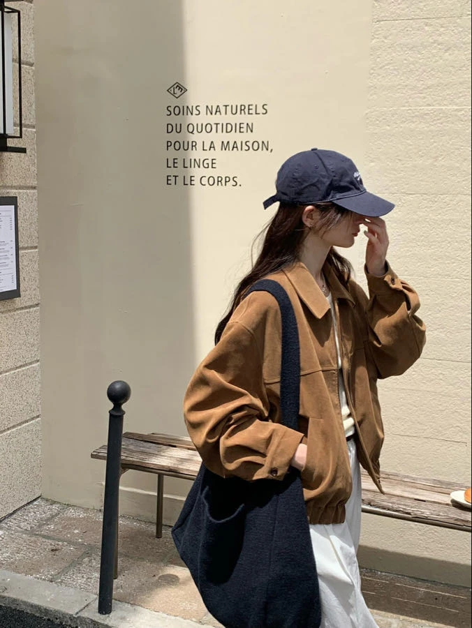 Ying Fashion Shop  熱賣款 復古高級感 鹿皮絨拉鍊外套 寬鬆百搭 舒適親膚 鹿皮絨短版外套