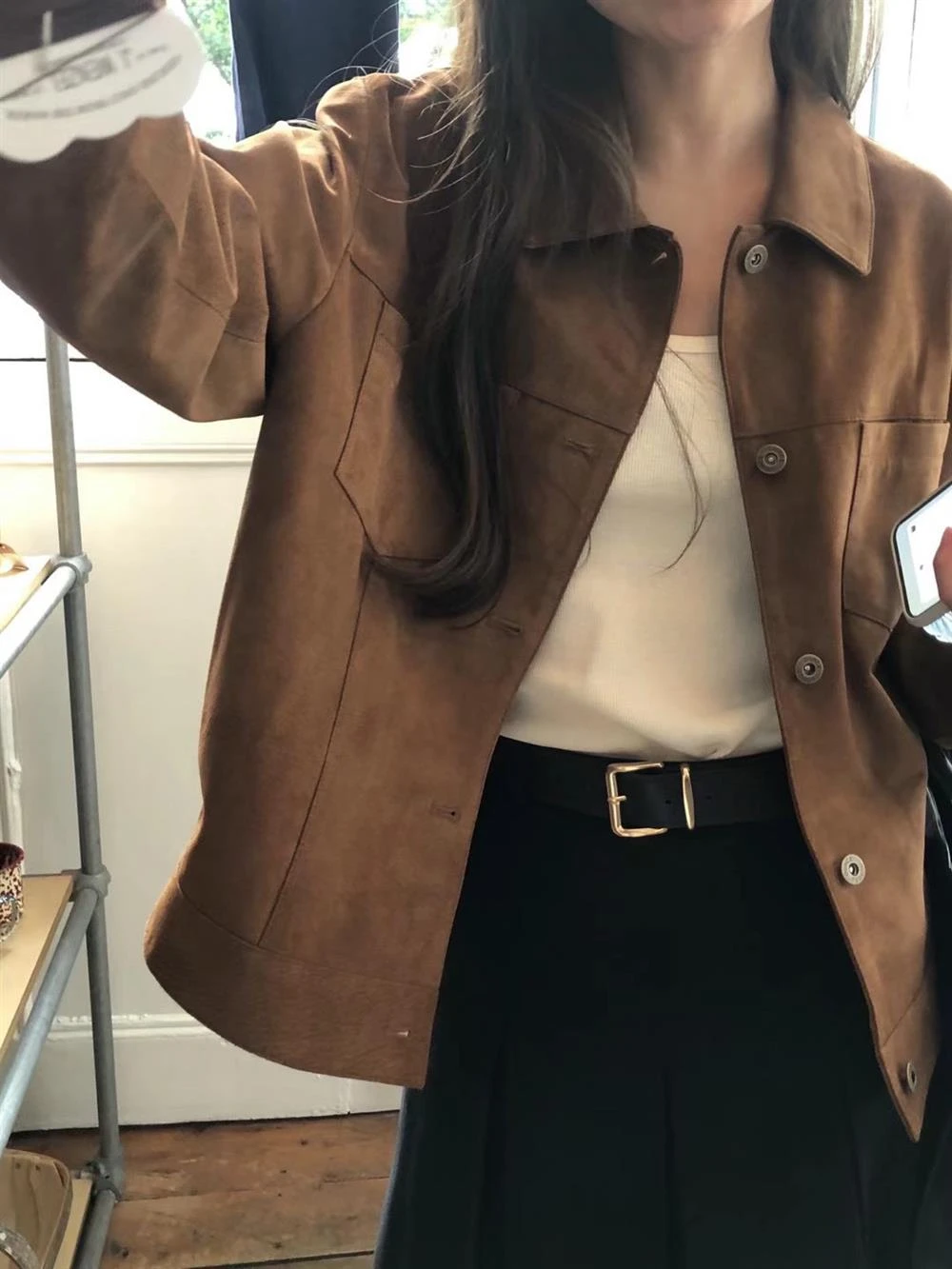 Ying Fashion Shop 高級感 復古鹿皮絨外套 簡約通勤 翻領雙口袋 鹿皮絨外套 工裝風外套