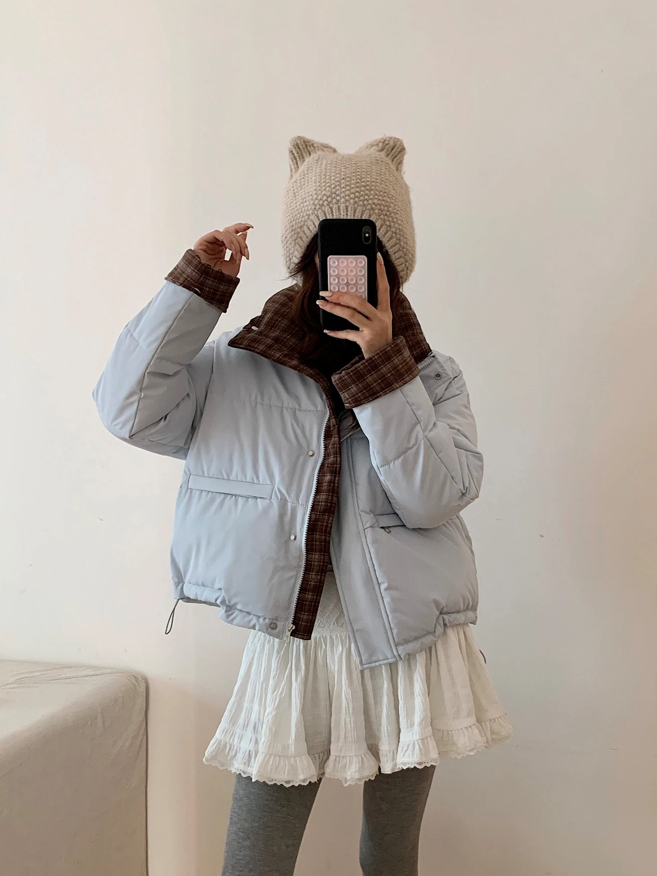 Ying Fashion Shop 奶呼呼 加厚保暖 棉服厚實外套 拼接格紋 顯瘦棉服外套 舒適材質 保暖外套