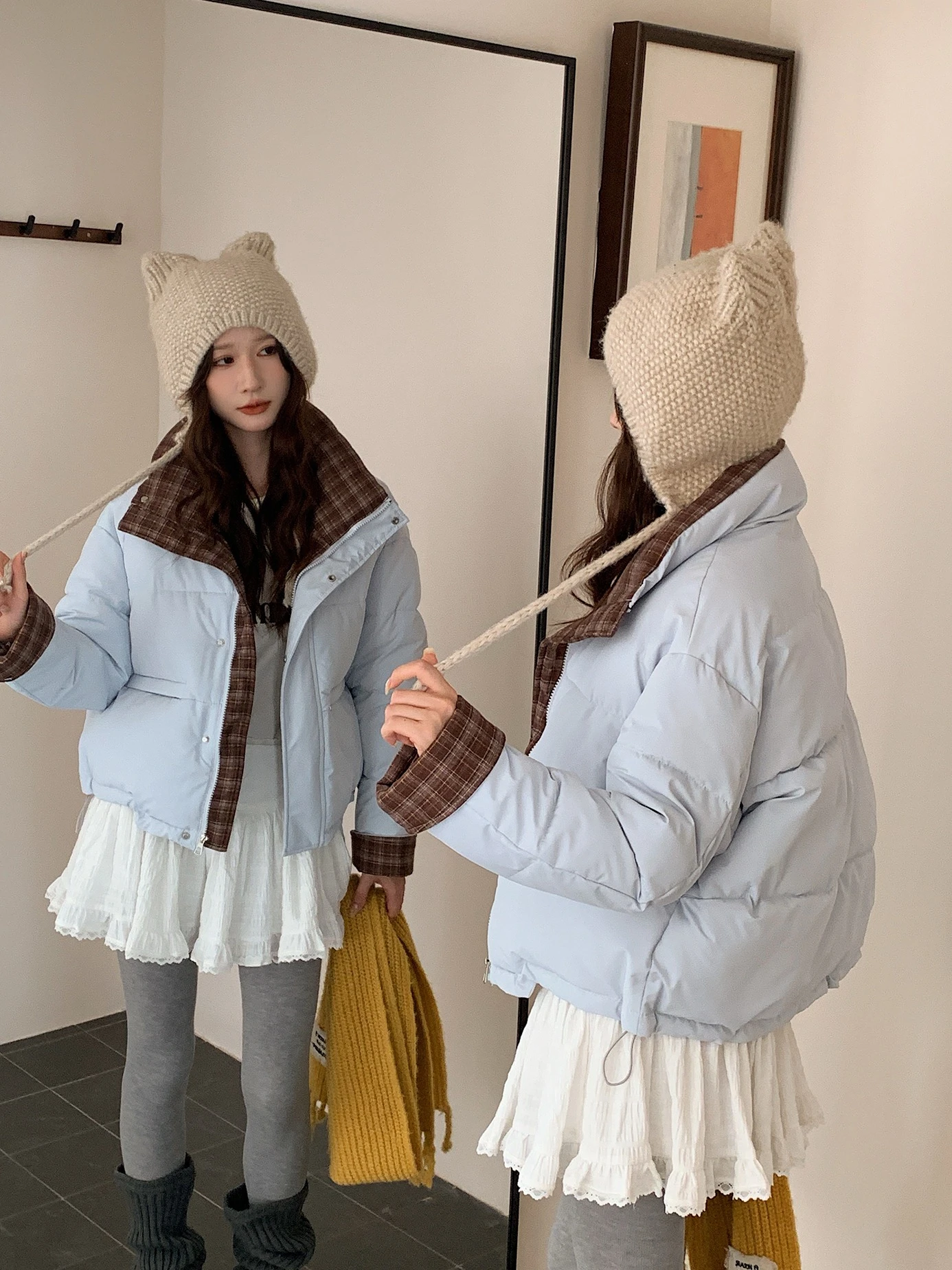Ying Fashion Shop 奶呼呼 加厚保暖 棉服厚實外套 拼接格紋 顯瘦棉服外套 舒適材質 保暖外套