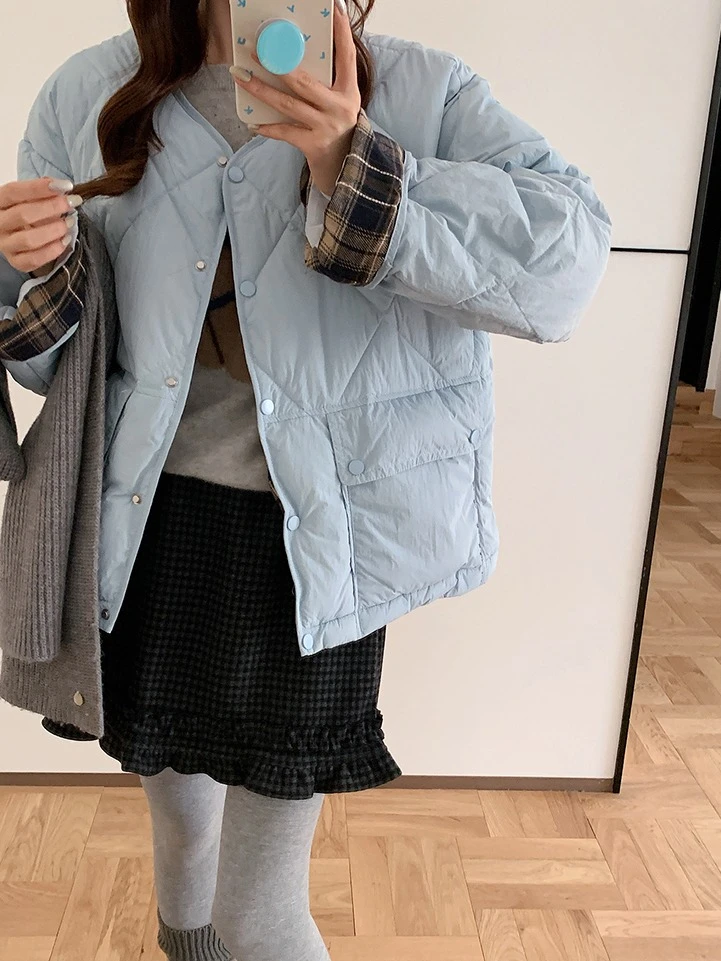 Ying Fashion Shop 網紅同款 菱格紋雙口袋 格紋拼接外套 棉襖外套 保暖棉服外套 寬鬆百搭 厚實棉服外套