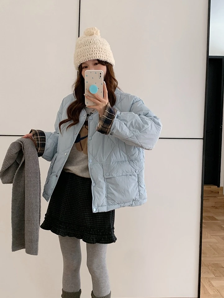 Ying Fashion Shop 網紅同款 菱格紋雙口袋 格紋拼接外套 棉襖外套 保暖棉服外套 寬鬆百搭 厚實棉服外套