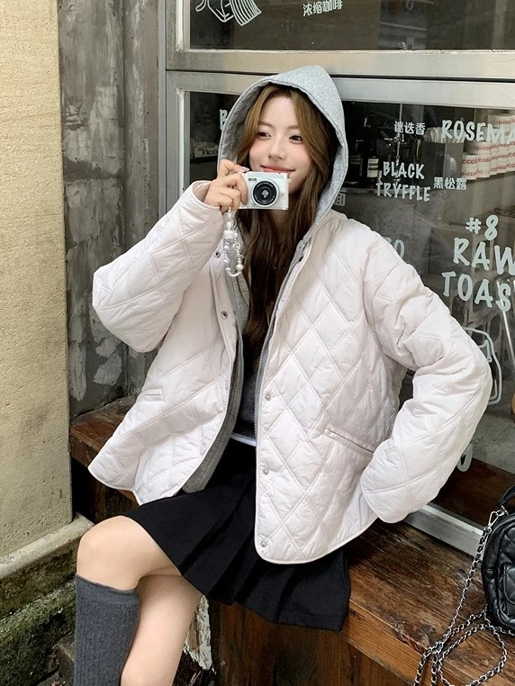Ying Fashion Shop 男女同款 菱格紋棉服外套 純色棉服 可拆卸帽子 連帽拼接棉服外套 保暖外套