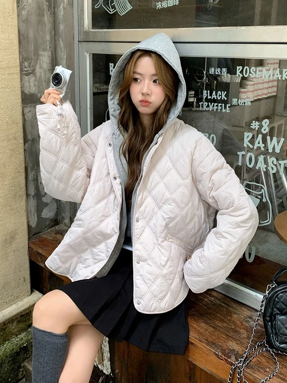 Ying Fashion Shop 男女同款 菱格紋棉服外套 純色棉服 可拆卸帽子 連帽拼接棉服外套 保暖外套