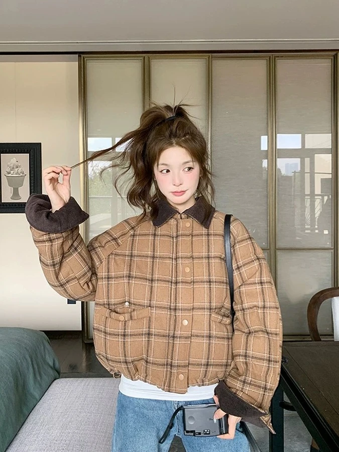 Ying Fashion Shop 暖咖色格紋棉服外套 小個子 麵包蓬蓬外套 翻領可愛棉服外套 厚實保暖外套