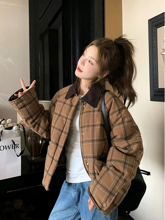 Ying Fashion Shop 暖咖色格紋棉服外套 小個子 麵包蓬蓬外套 翻領可愛棉服外套 厚實保暖外套