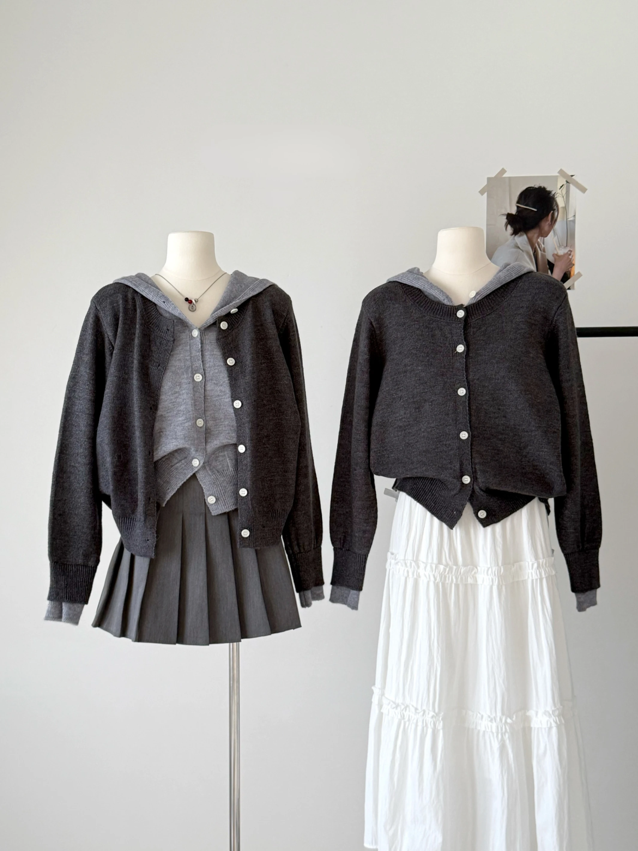 Ying Fashion Shop 撞色深灰色 假兩件連帽上衣 針織開衫外套 寬鬆百搭 連帽針織上衣 假兩件針織衫
