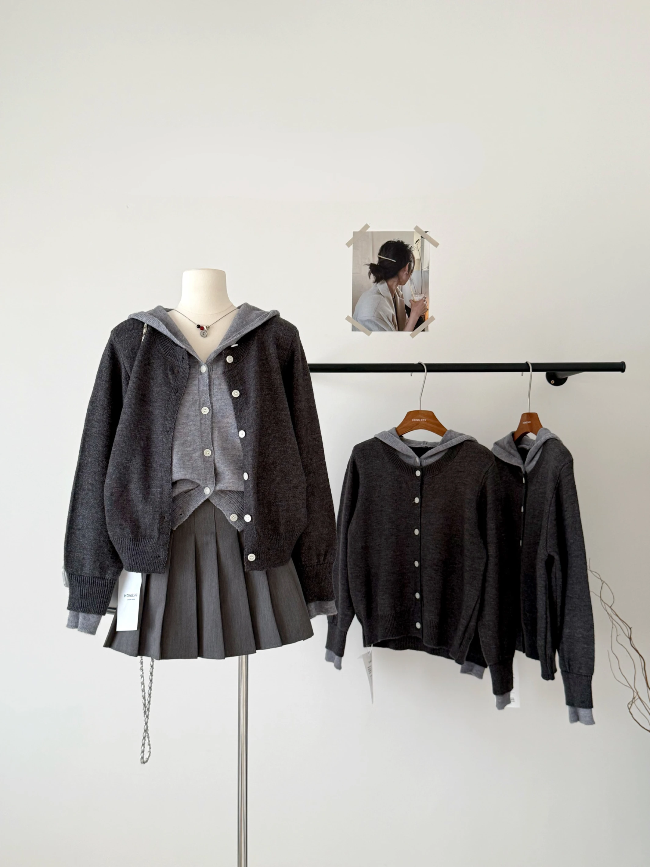 Ying Fashion Shop 撞色深灰色 假兩件連帽上衣 針織開衫外套 寬鬆百搭 連帽針織上衣 假兩件針織衫