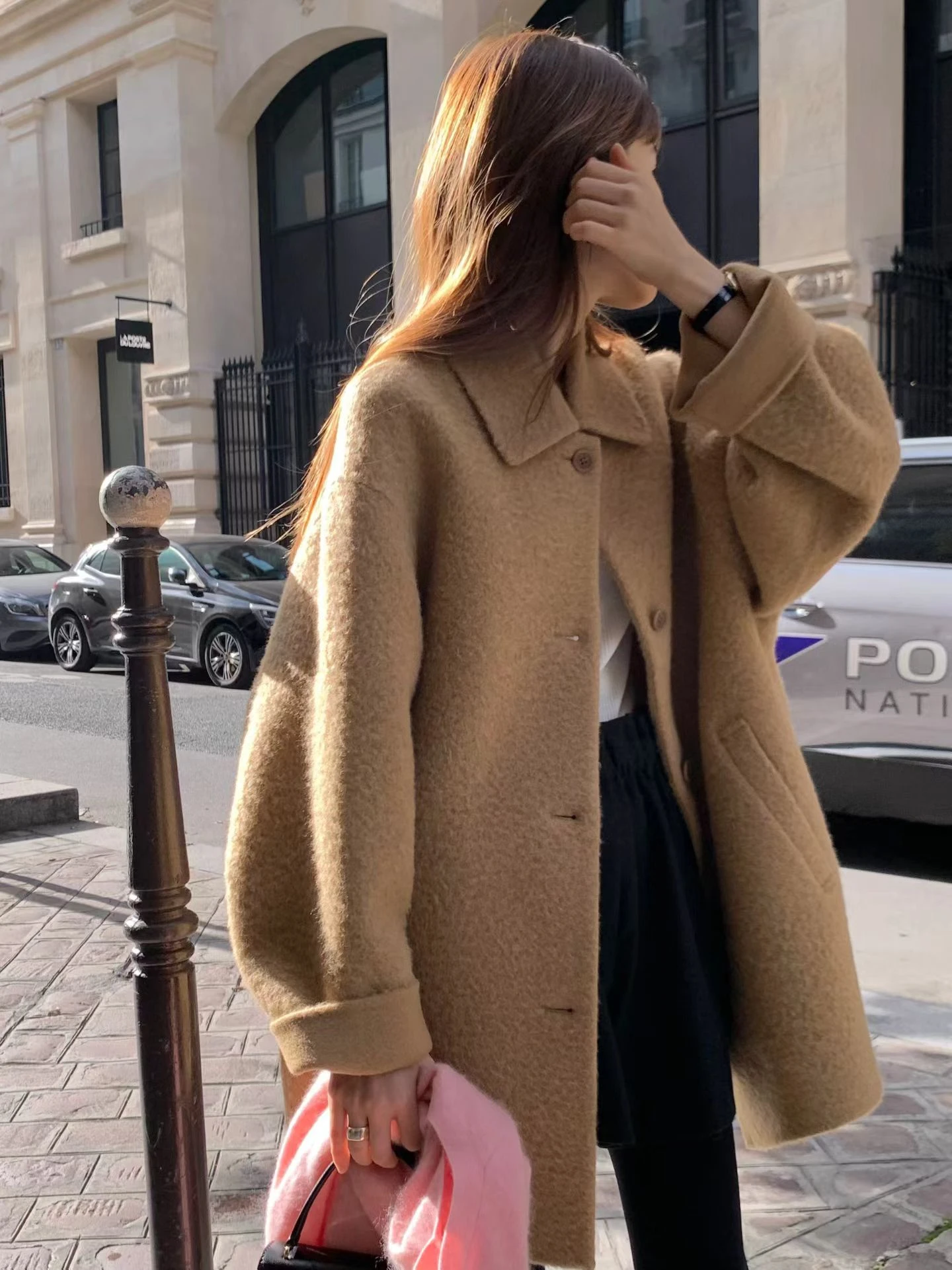 Ying Fashion Shop 高質感毛呢大衣 翻領百搭 溫柔中長款大衣外套 顆粒感質感 厚實大衣外套
