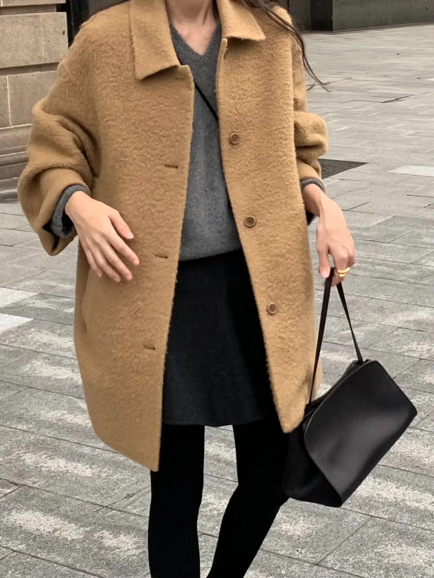 Ying Fashion Shop 高質感毛呢大衣 翻領百搭 溫柔中長款大衣外套 顆粒感質感 厚實大衣外套