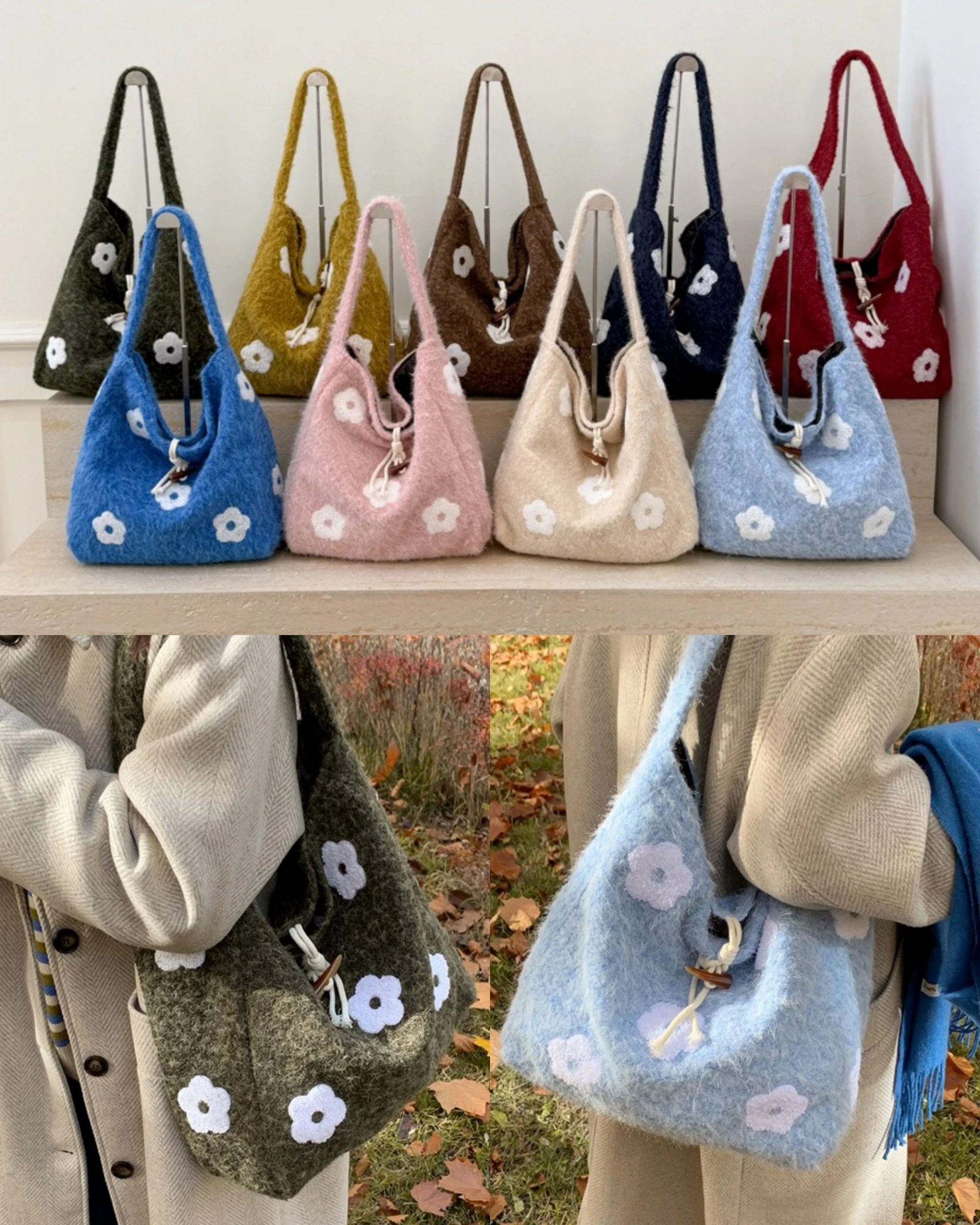 Ying Fashion Shop 手感柔軟 毛絨刺繡花朵單肩包 文藝托特包 肩背包 甜美花朵單肩包 大容量 腋下包