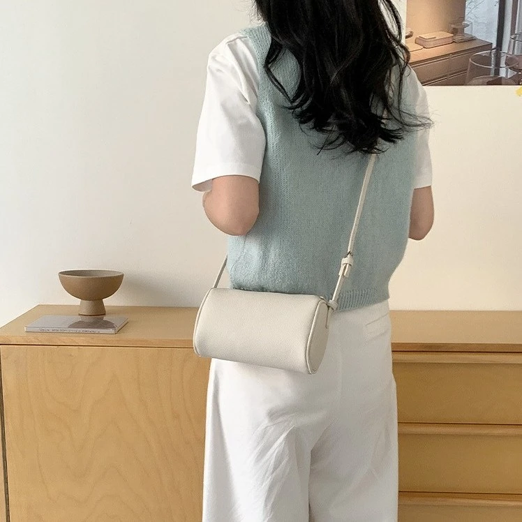 Ying Fashion Shop 超Q迷你 簡約斜背包 圓筒設計感 荔枝紋 手提包 肩背包 圓筒小包
