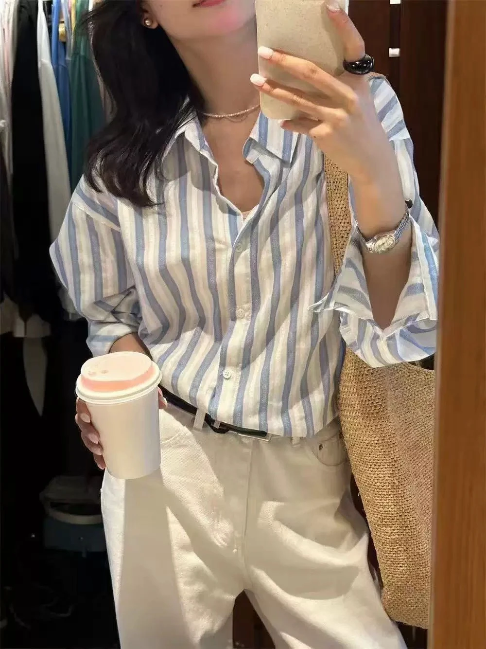 Ying Fashion Shop 清新藍色防曬襯衫 防曬長袖襯衫 條紋襯衫 寬鬆百搭 豎條紋長袖襯衫