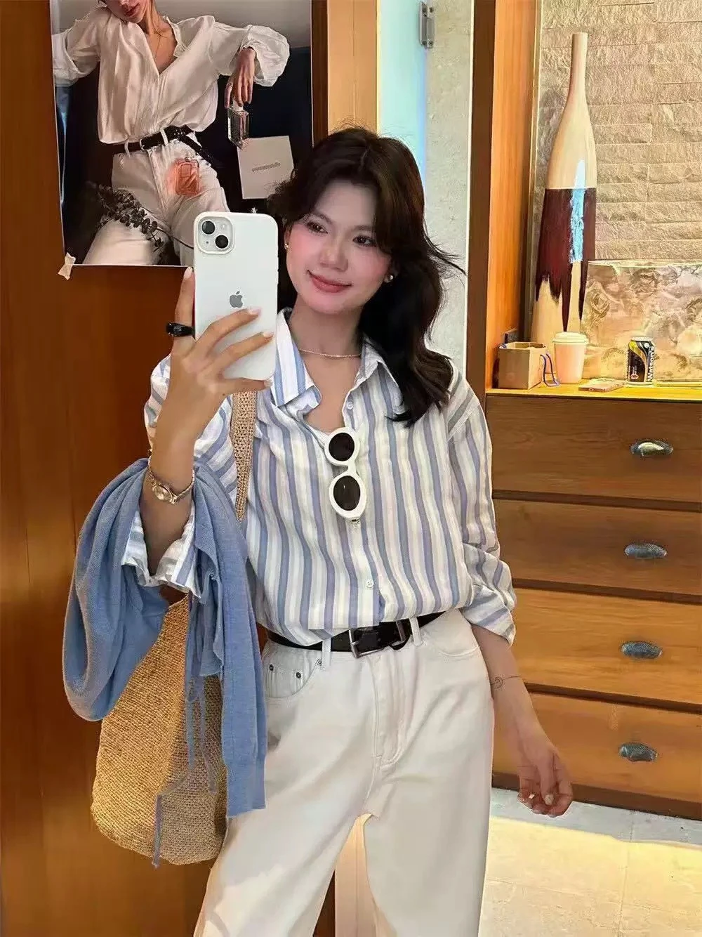 Ying Fashion Shop 清新藍色防曬襯衫 防曬長袖襯衫 條紋襯衫 寬鬆百搭 豎條紋長袖襯衫