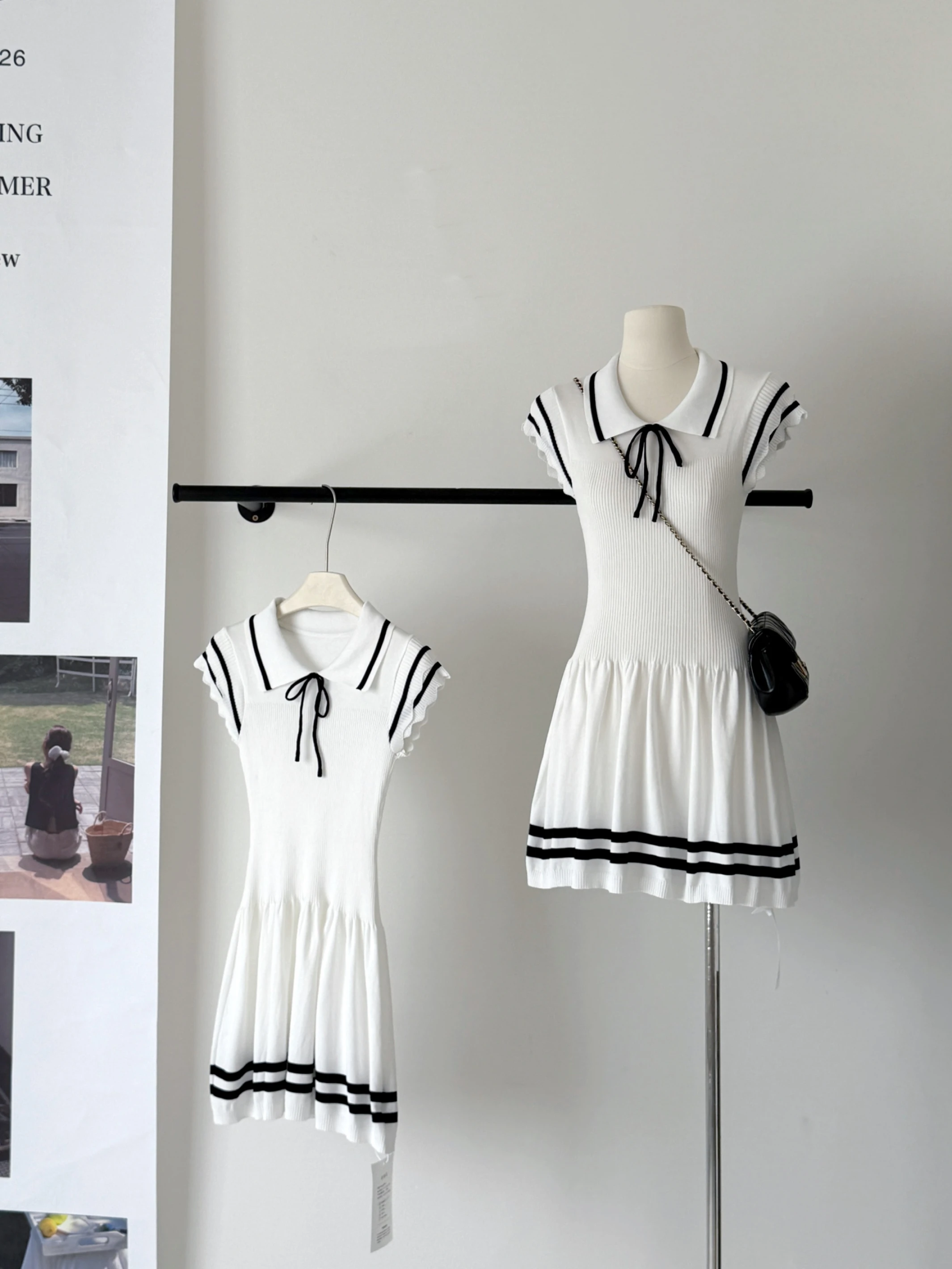 【出清! 現貨48小時快速出貨】Ying Fashion Shop  學院海軍風 軟糯針織連衣裙 針織綁帶 飛飛袖連衣裙 甜美戀夏洋裝