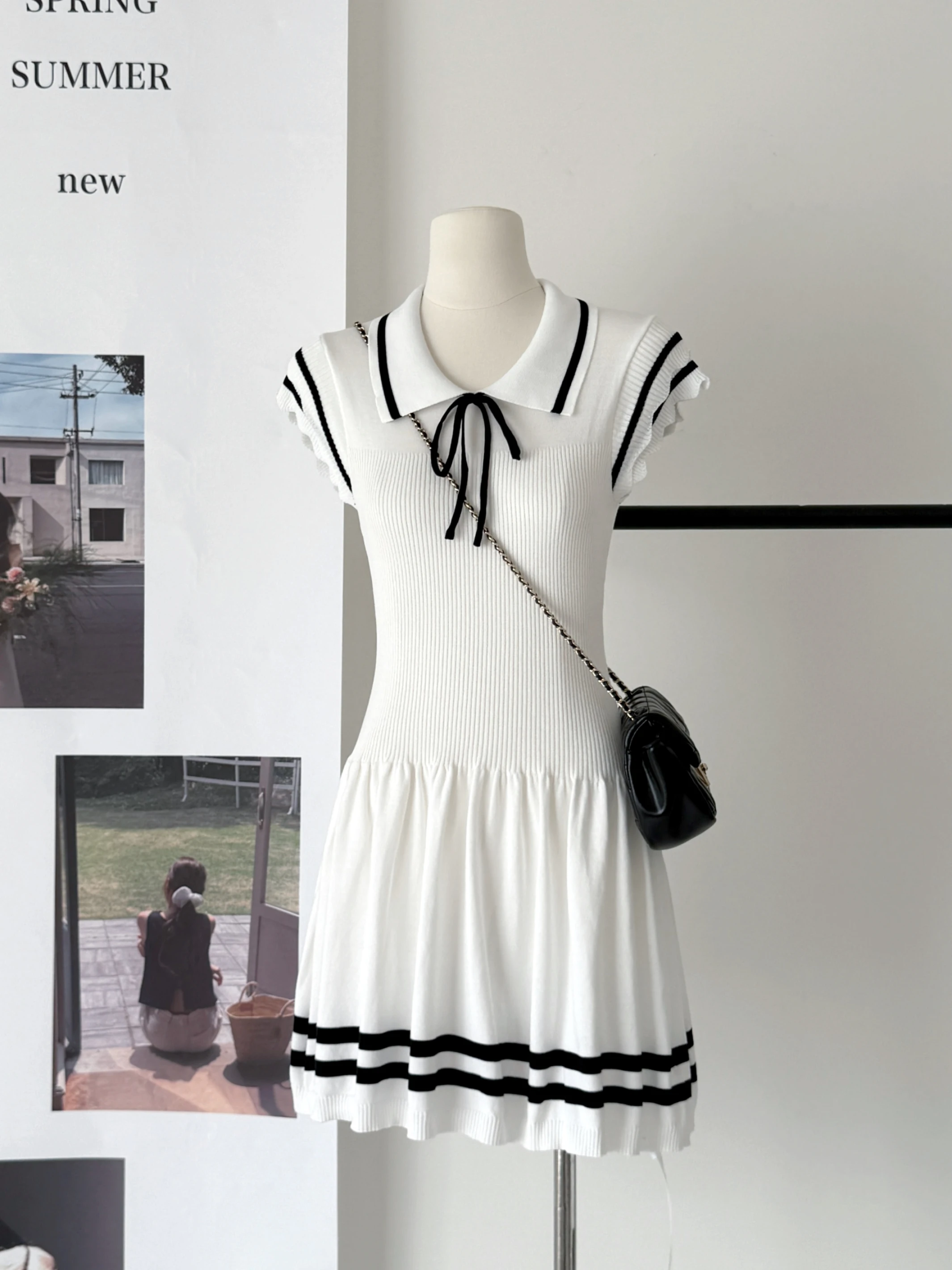 【出清! 現貨48小時快速出貨】Ying Fashion Shop  學院海軍風 軟糯針織連衣裙 針織綁帶 飛飛袖連衣裙 甜美戀夏洋裝