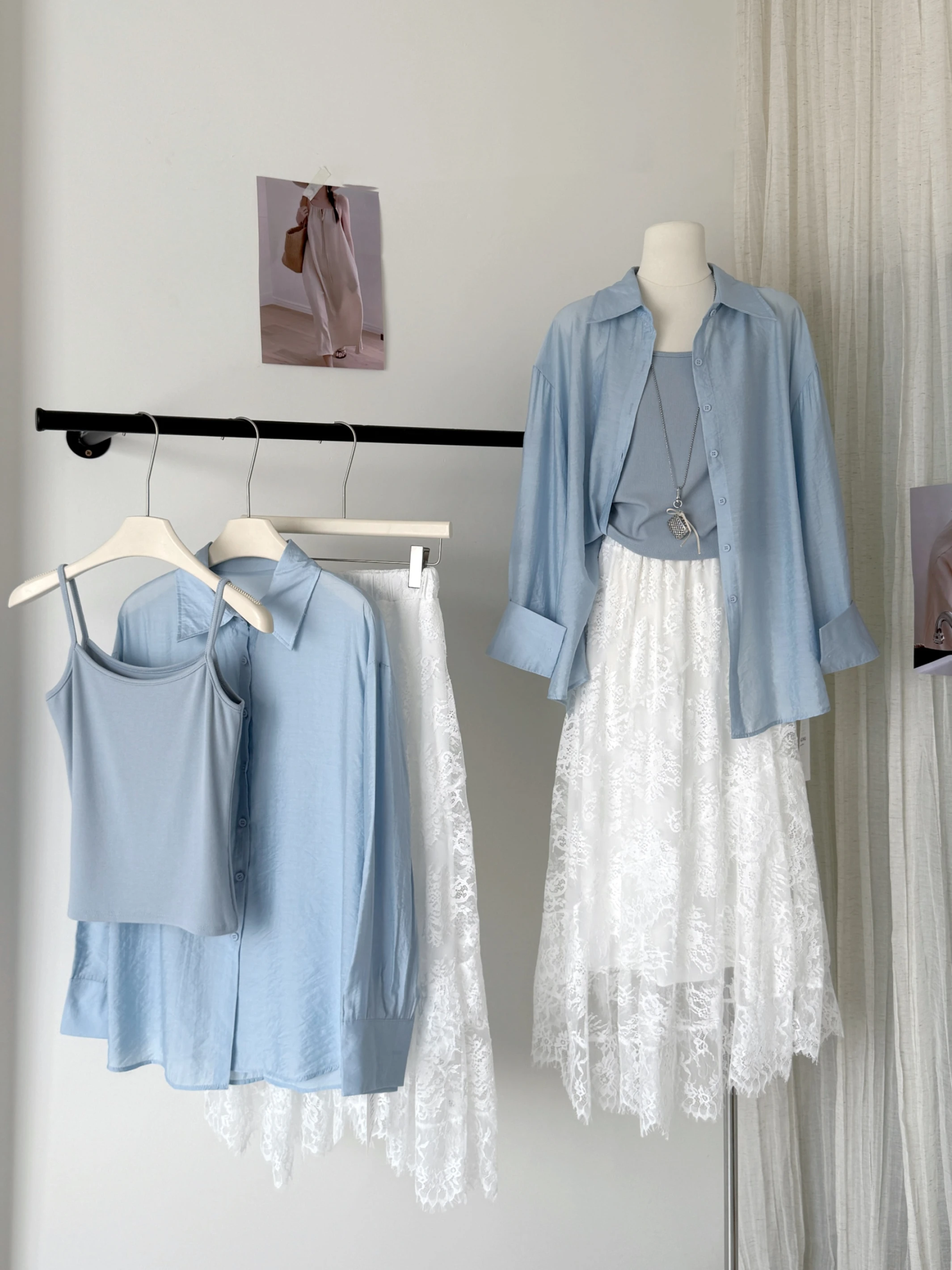 Ying Fashion Shop 高質感 重工刺繡 碎花半身裙 吊帶背心 寬鬆慵懶長袖襯衫 三件式套裝
