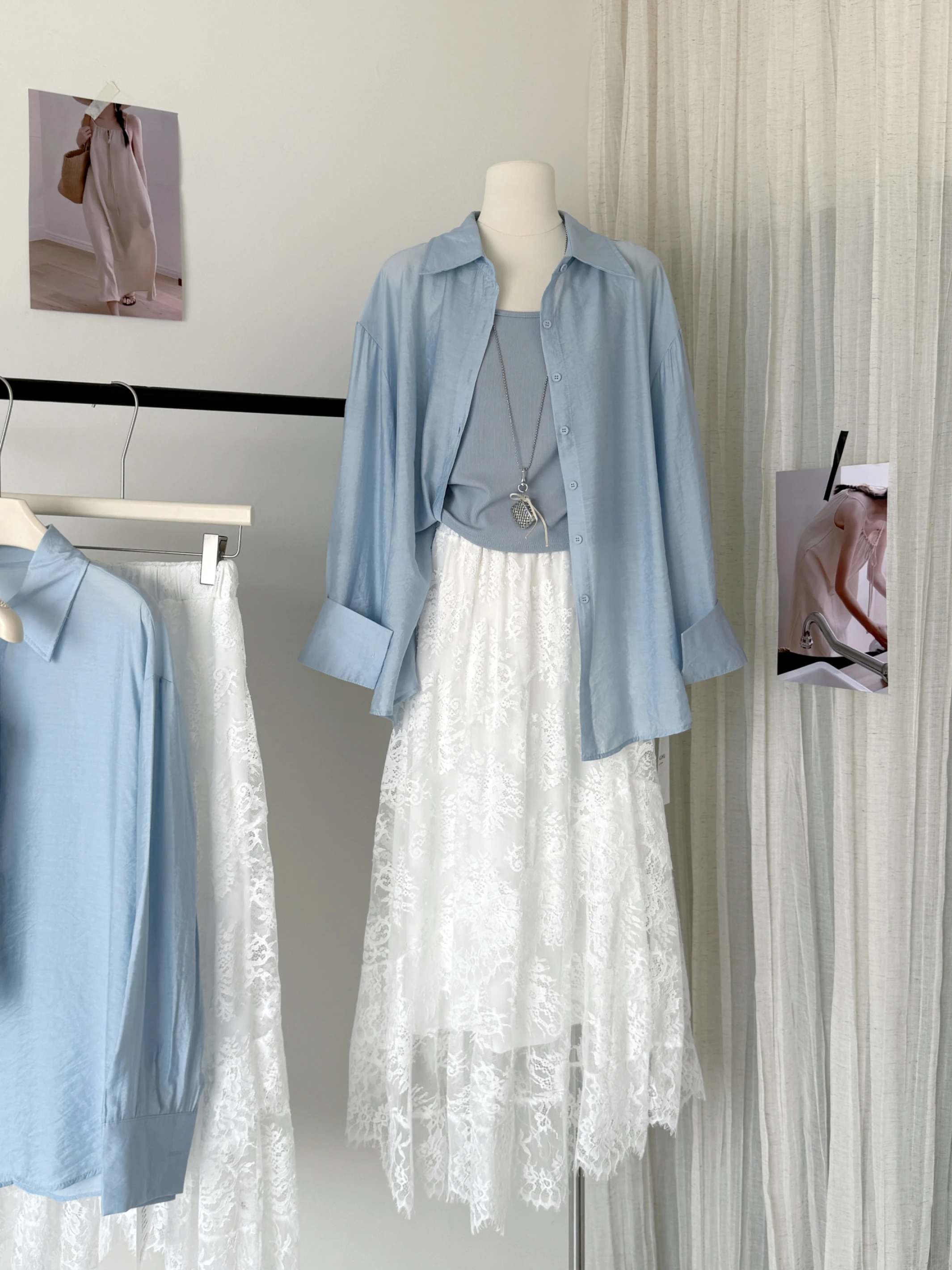 Ying Fashion Shop 高質感 重工刺繡 碎花半身裙 吊帶背心 寬鬆慵懶長袖襯衫 三件式套裝