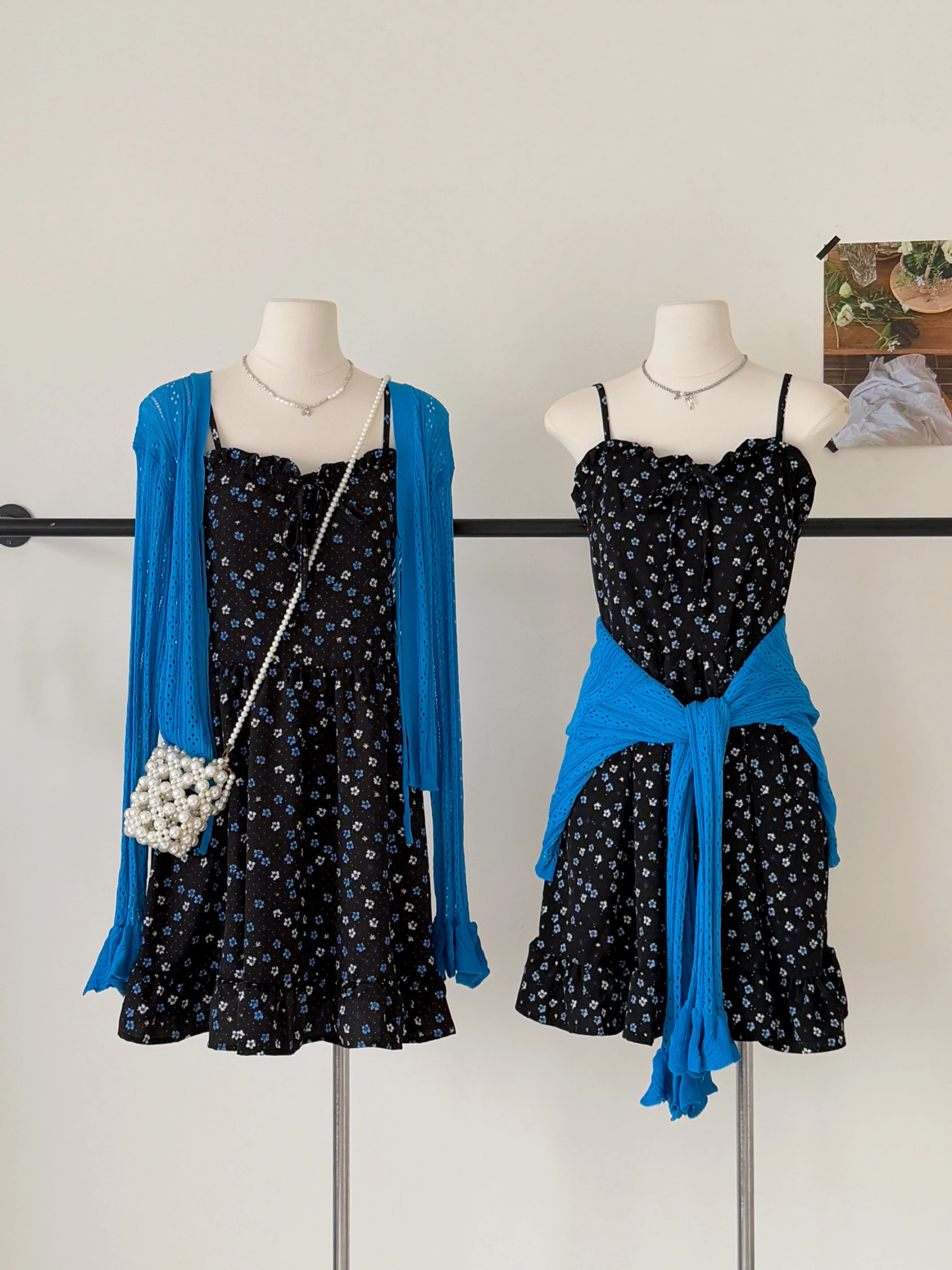 Ying Fashion Shop 搶眼碎花搭配 黑色碎花兩件套 海邊渡假 可愛碎花吊洋裝 A字短裙 亮藍色罩衫 兩件式套裝