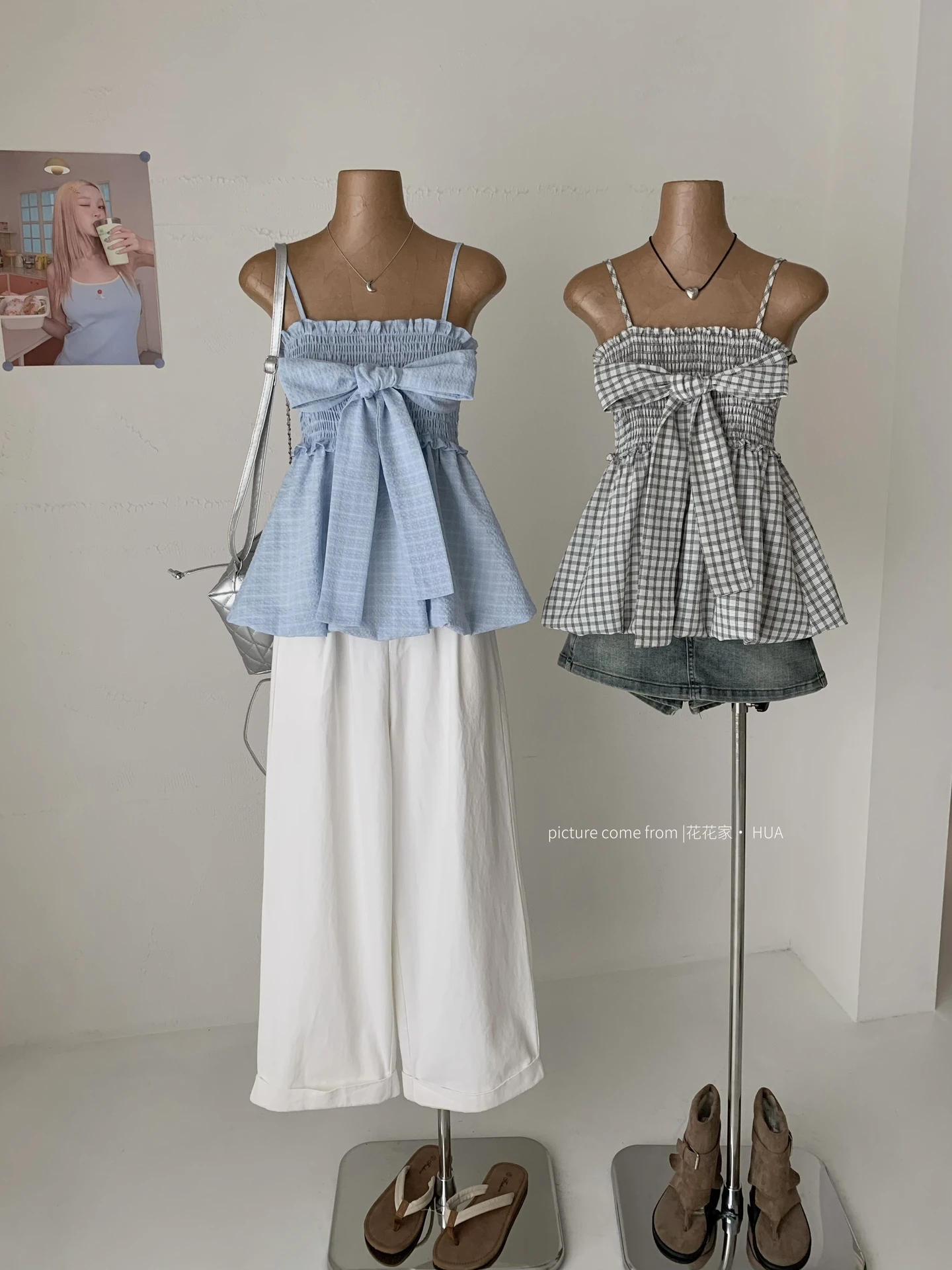 Ying Fashion Shop 蝴蝶結設計感 格紋花苞露肩上衣 無袖吊帶上衣 鬆緊上衣 甜美蝴蝶結上衣
