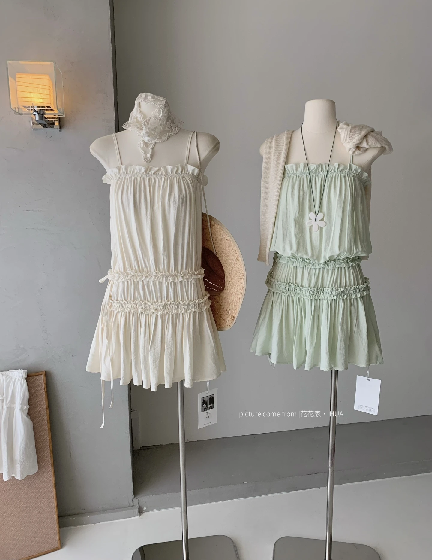 Ying Fashion Shop 立體皺摺 木耳邊吊帶裙 溫柔垂感 A字連衣裙 吊帶A字連衣裙