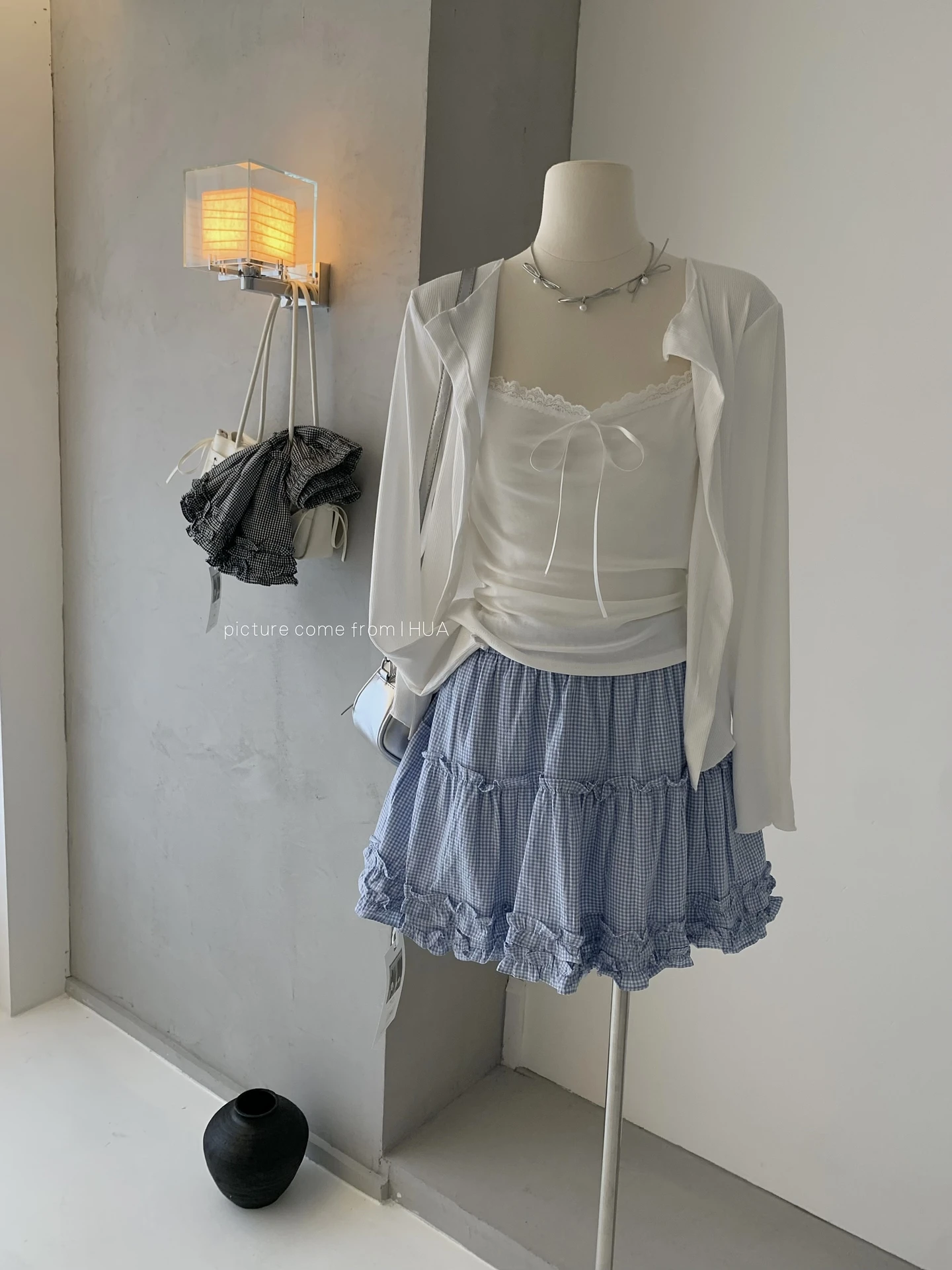 Ying Fashion Shop 巨顯瘦A字蓬蓬裙 藍色格紋蛋糕裙 高腰顯瘦A字裙 蓬蓬短裙 鬆緊短裙