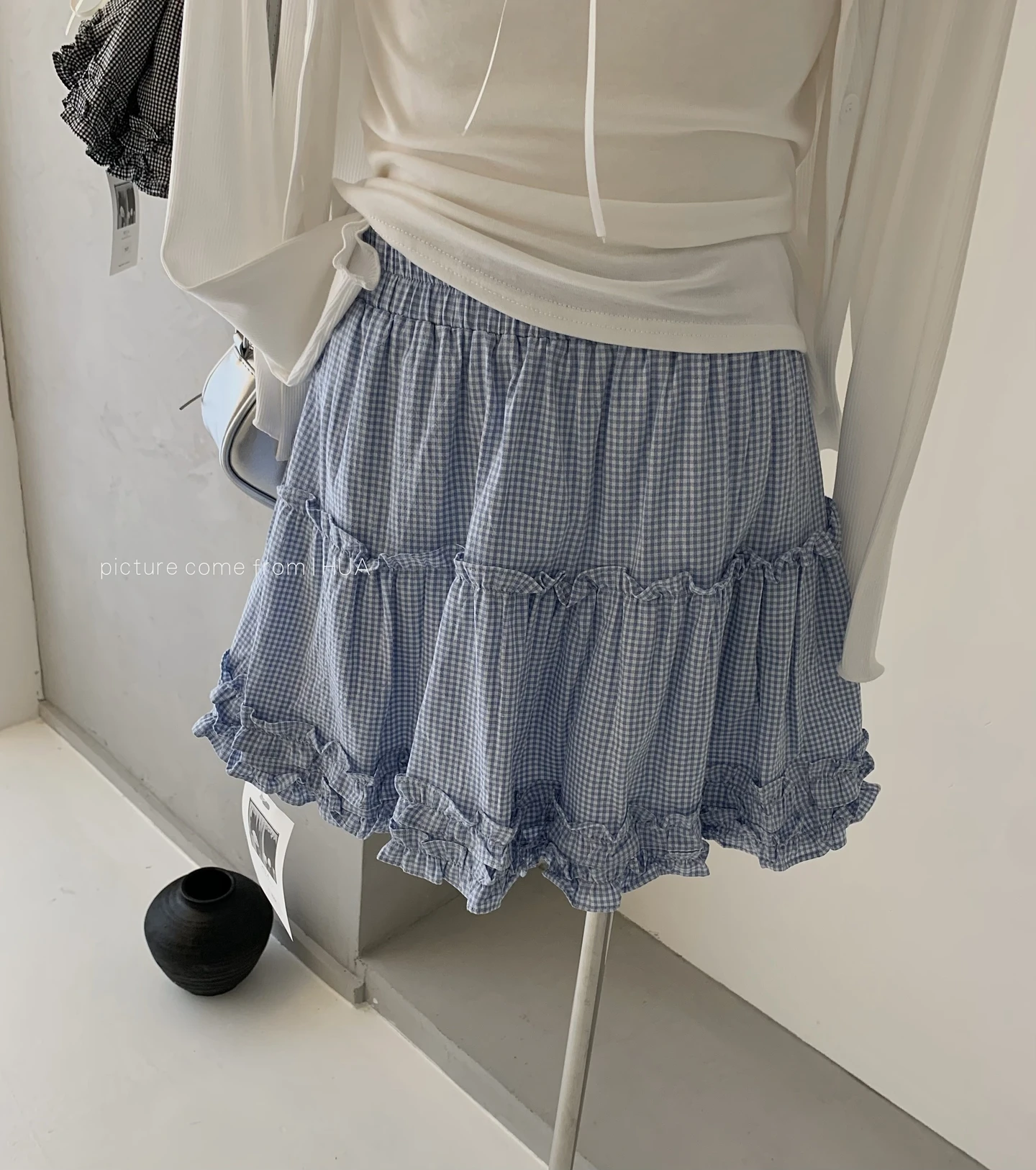 Ying Fashion Shop 巨顯瘦A字蓬蓬裙 藍色格紋蛋糕裙 高腰顯瘦A字裙 蓬蓬短裙 鬆緊短裙