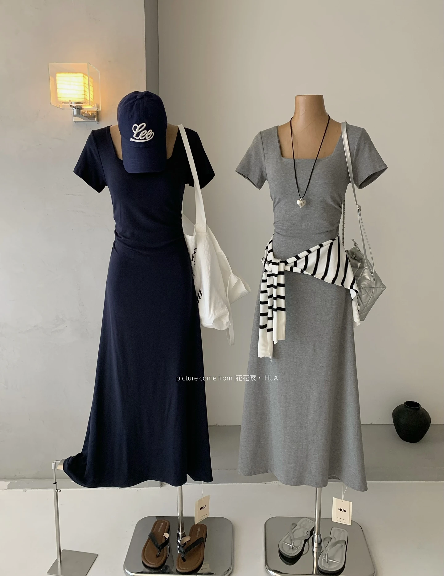 Ying Fashion Shop 知性方領短袖洋裝 皺褶設計 彈力連衣裙 附胸墊 修身顯瘦 純色方領連衣裙