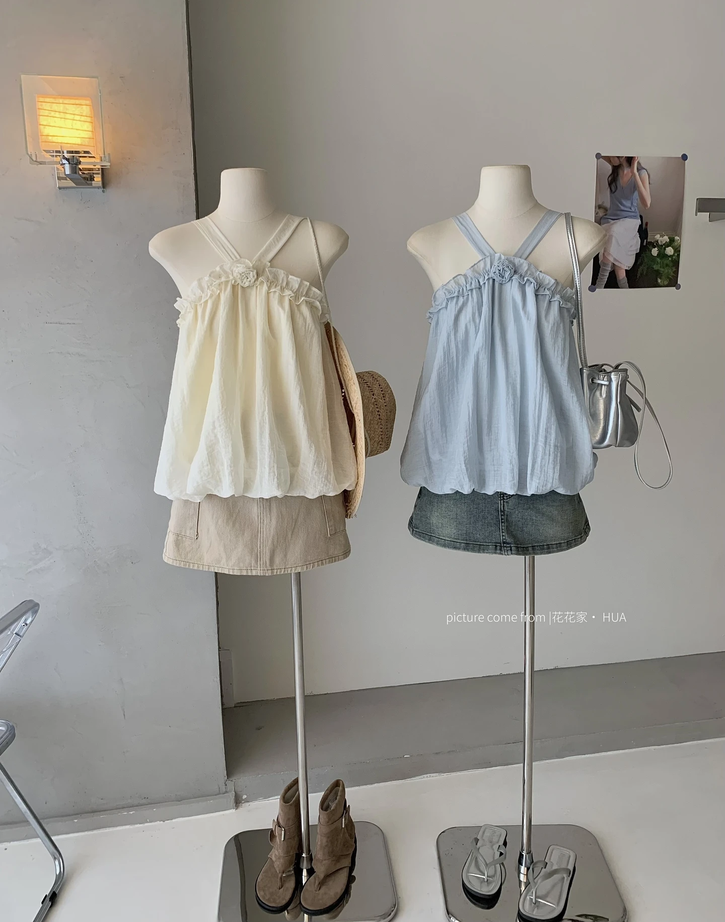 Ying Fashion Shop 氣質鎖骨掛脖 花苞平口上衣 雪紡清新風 背心花苞上衣 吊帶上衣