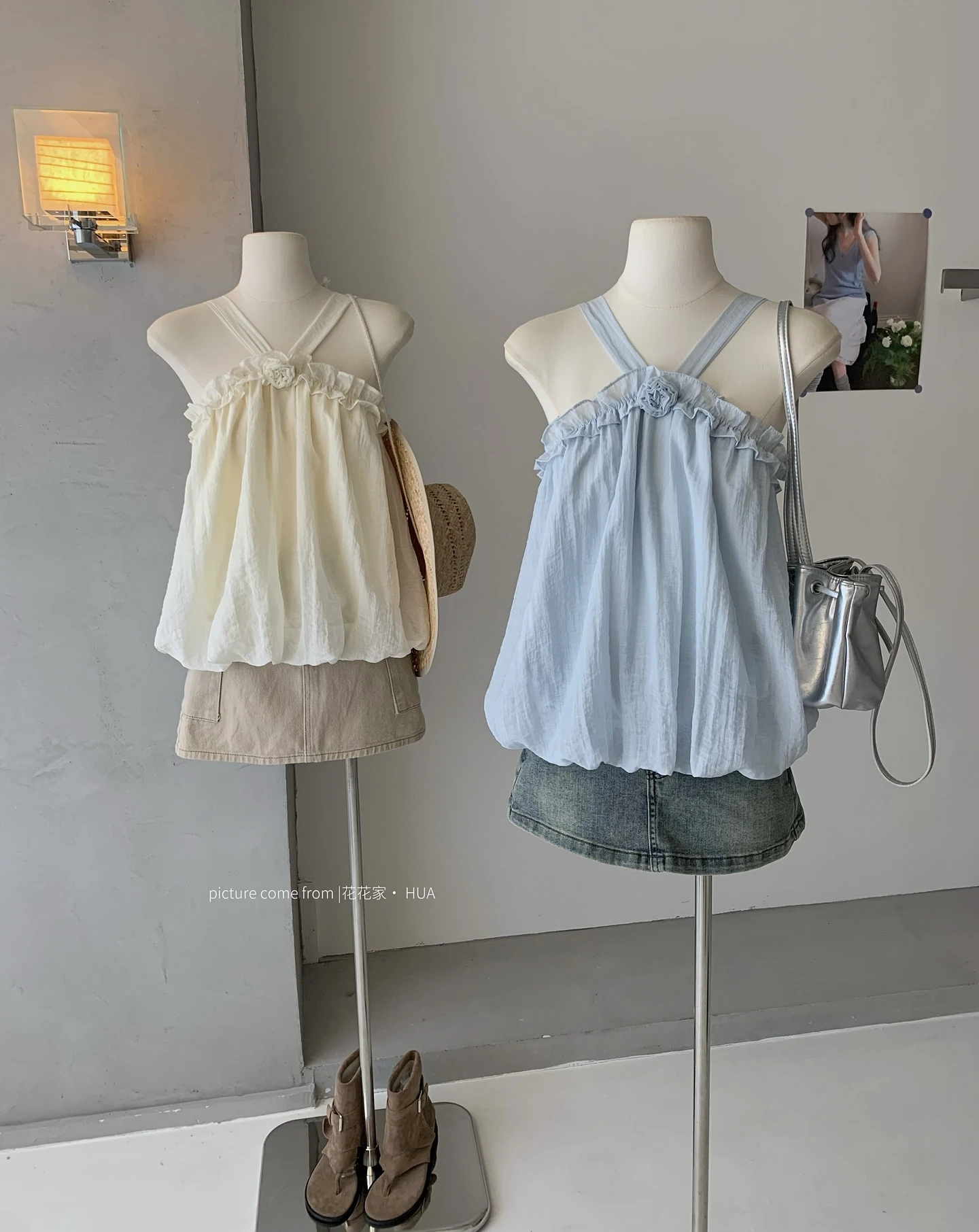 Ying Fashion Shop 氣質鎖骨掛脖 花苞平口上衣 雪紡清新風 背心花苞上衣 吊帶上衣
