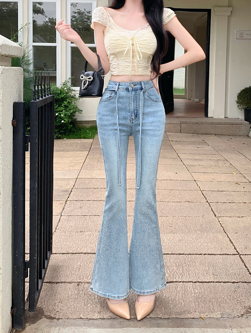 Ying Fashion Shop 高質感 燙鑽喇叭牛仔褲 彈力高腰顯瘦牛仔褲 閃亮亮設計 抽繩牛仔褲