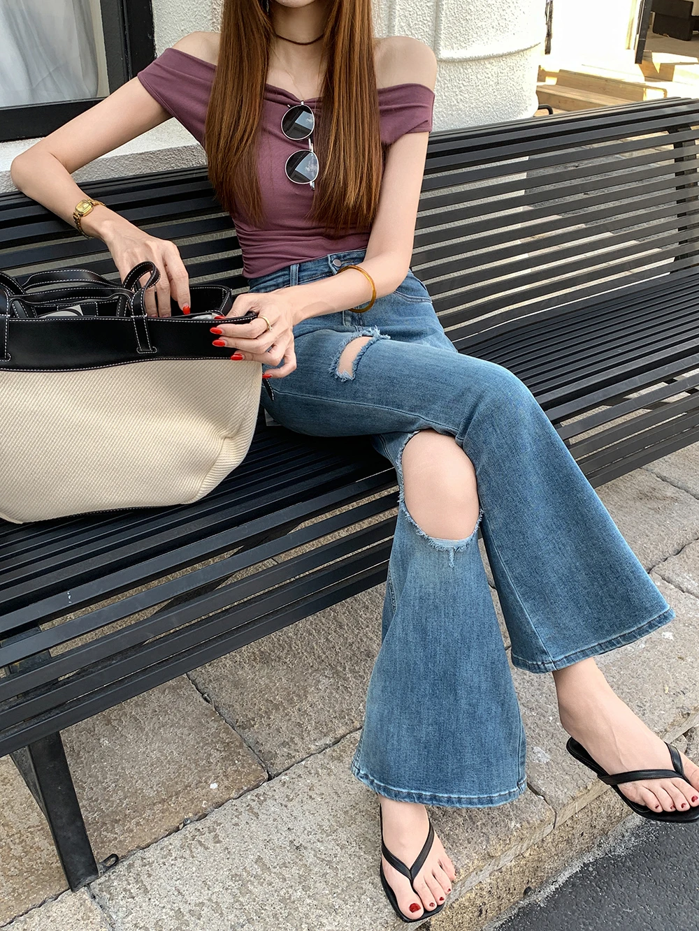 Ying Fashion Shop  高級彈力牛仔褲 破洞毛邊 微喇叭牛仔褲 高腰顯瘦 微喇叭牛仔長褲