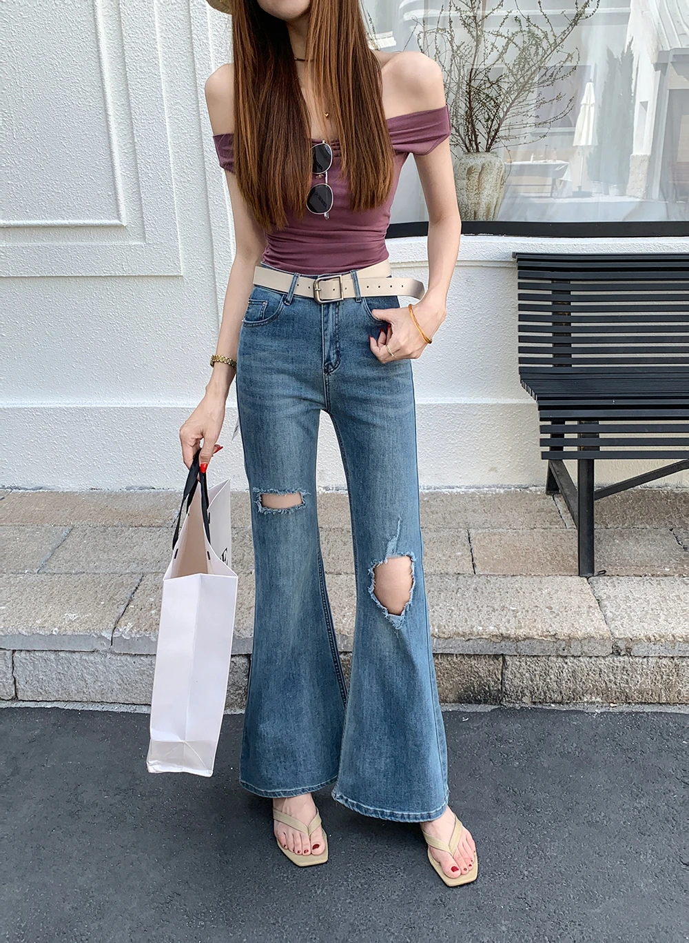 Ying Fashion Shop  高級彈力牛仔褲 破洞毛邊 微喇叭牛仔褲 高腰顯瘦 微喇叭牛仔長褲