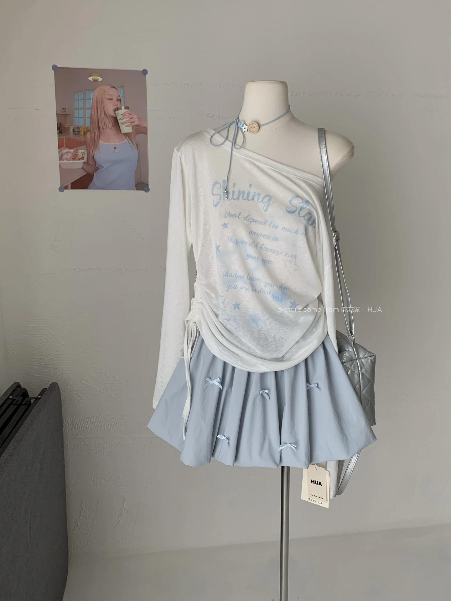 【出清! 現貨48小時快速出貨】Ying Fashion Shop 慵懶風 微透薄長袖 防曬罩衫 側邊皺褶上衣 藍色蝴蝶結短裙