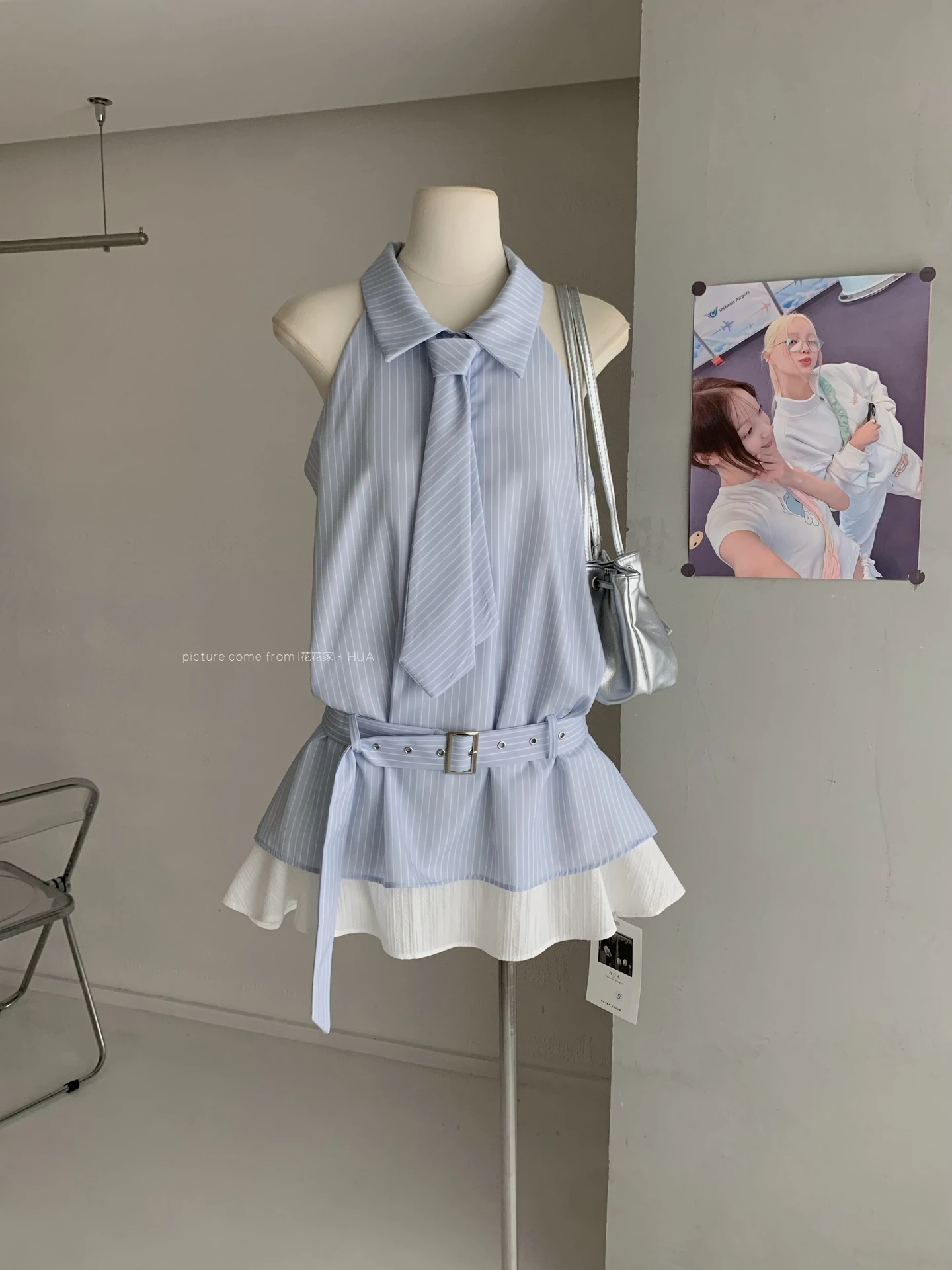 Ying Fashion Shop 夏日海洋 襯衫式連衣裙 POLO領洋裝 無袖條紋連衣裙 假兩件連衣裙