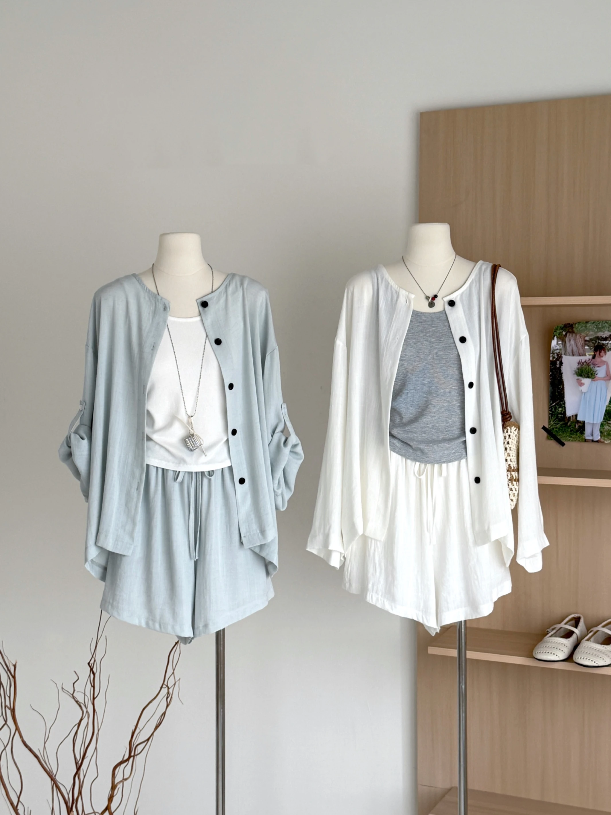 Ying Fashion Shop 韓系鬆弛感 防曬薄開衫+背心+鬆緊短褲 三件式套裝 慵懶敢穿搭 清新三件套