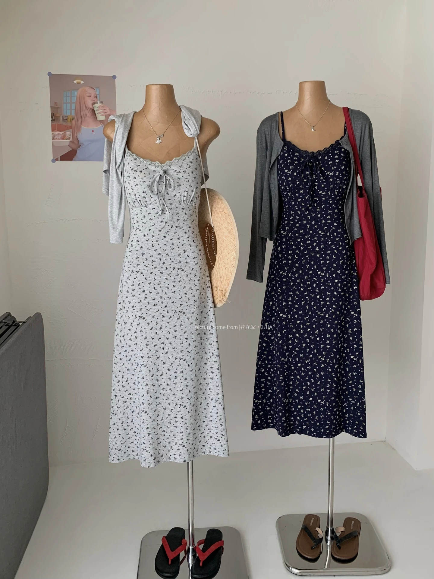 Ying Fashion Shop 溫柔氛圍感 甜美碎花吊帶洋裝+防曬披肩 收腰顯瘦 兩件式套裝