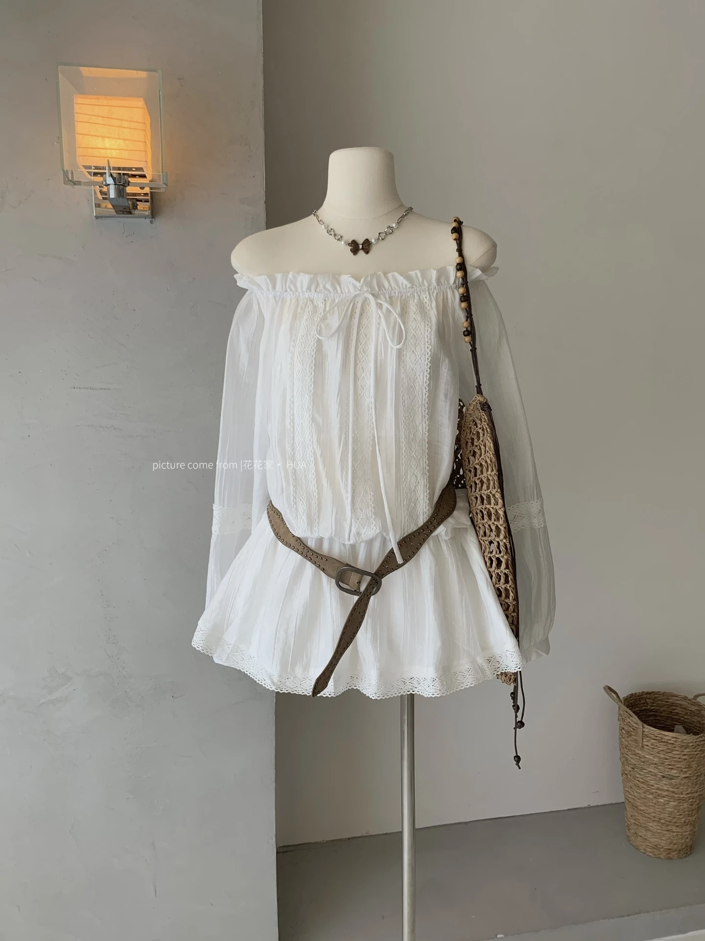 Ying Fashion Shop 海邊漫遊 露肩收腰三件套 一字領連衣裙 燈籠蓬蓬袖 法式高級感 三件式套裝