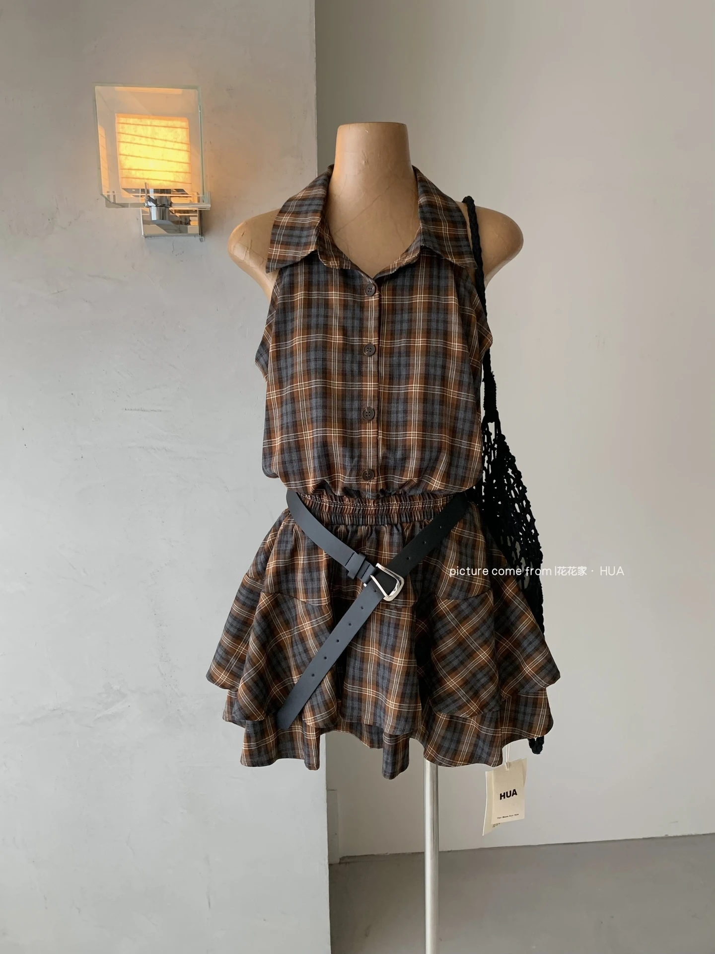 Ying Fashion Shop 法式復古格紋洋裝 無袖洋裝 復古學院風 格紋無袖洋裝 顯瘦連衣裙