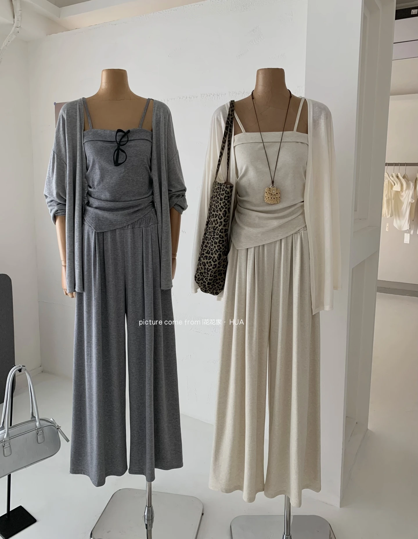 Ying Fashion Shop 氣質簡約風 顯瘦百搭 純色吊帶背心 薄款開衫外套 高腰休閒褲 三件式套裝