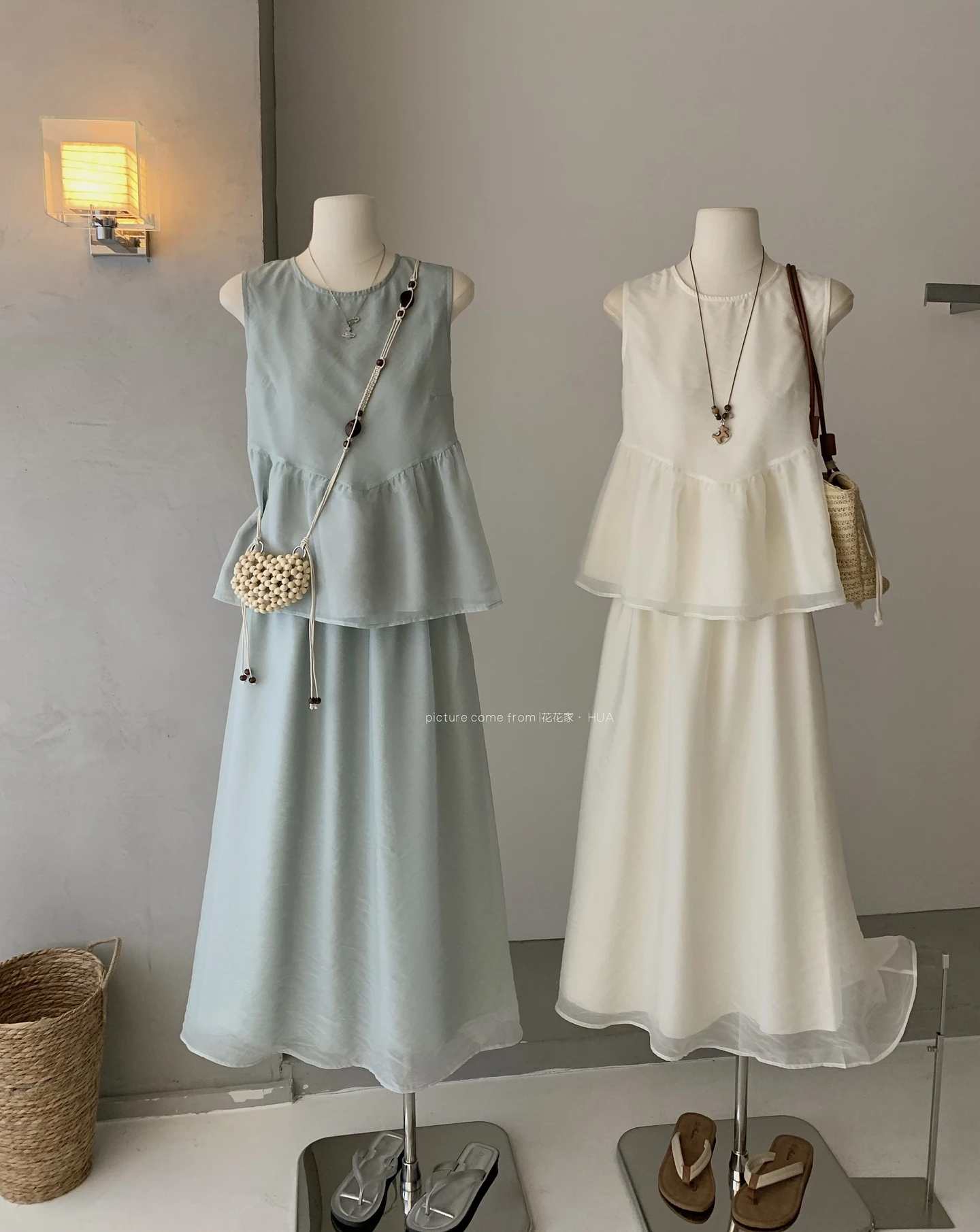 【出清! 現貨48小時快速出貨】Ying Fashion Shop 甜美氣質 網紗無袖上衣 高腰半身裙 荷葉邊上衣 溫柔清冷感 兩件式套裝