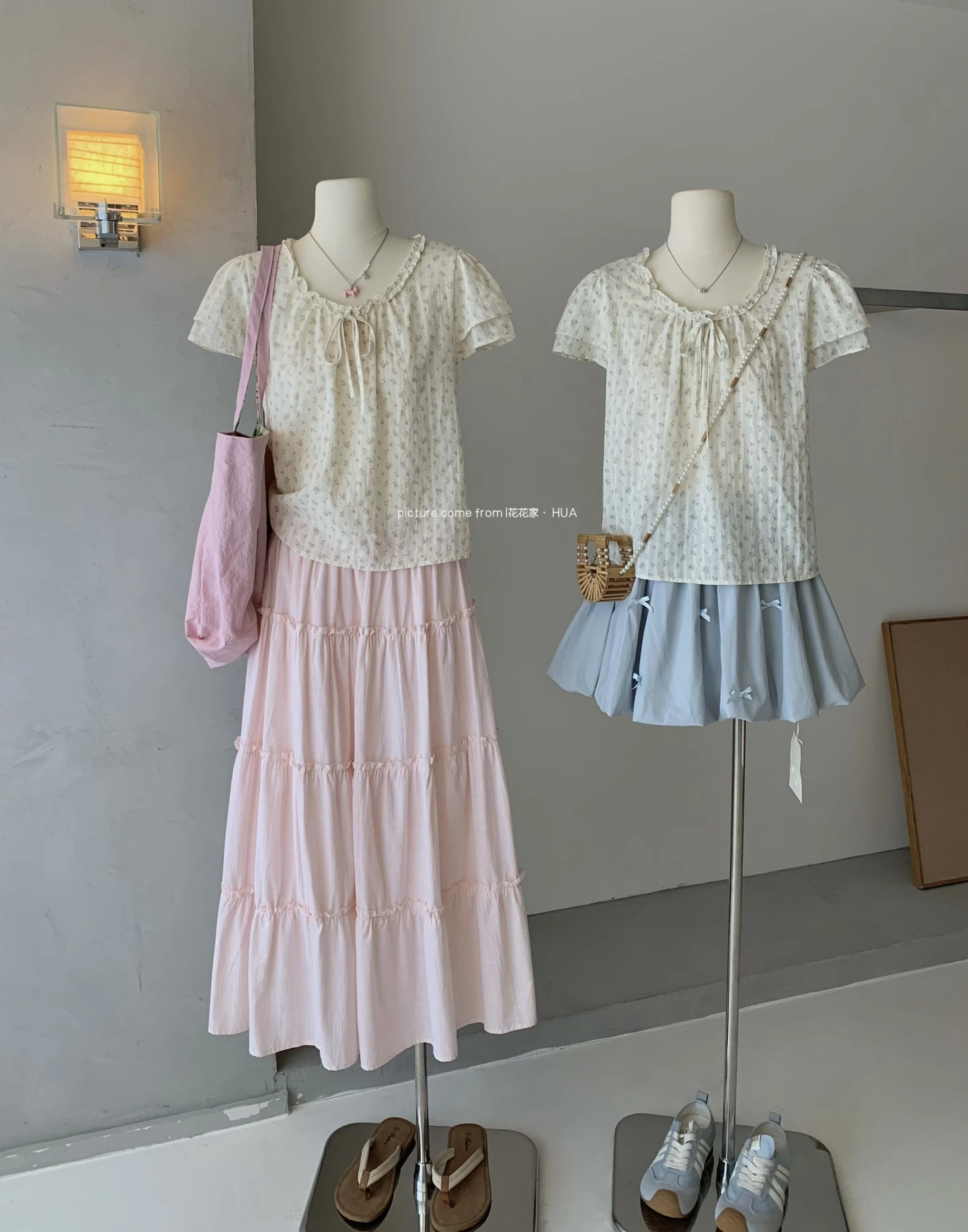 Ying Fashion Shop 清新森林系 復古碎花 短袖襯衫上衣 圓領休閒上衣 碎花短袖綁帶上衣